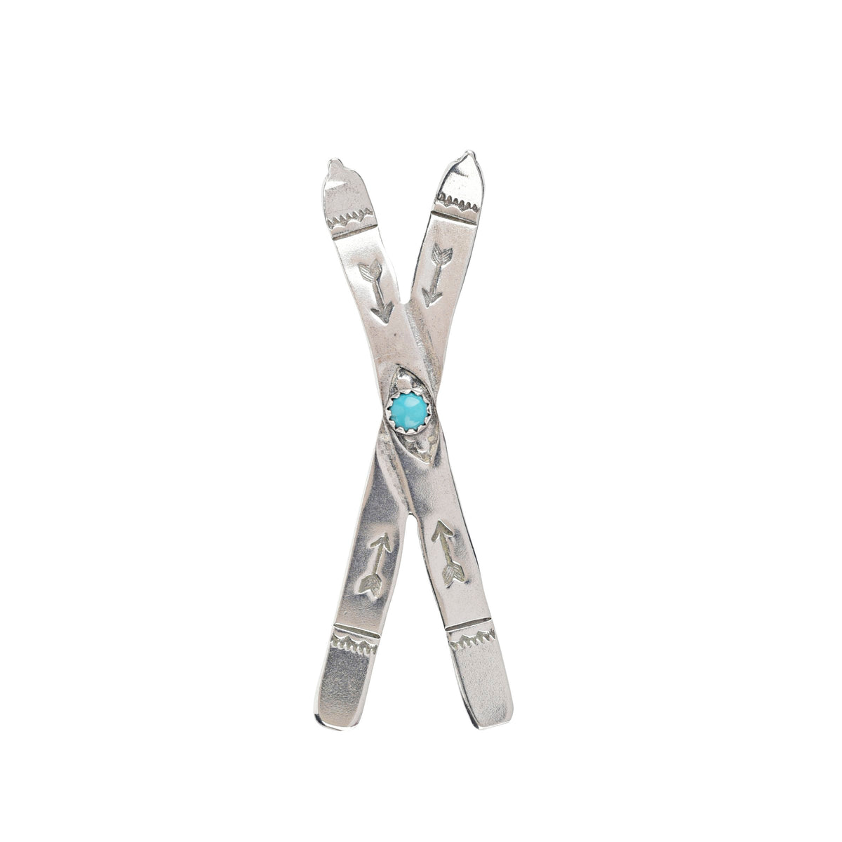 Joe Eby sterling silver skis pin with blue turquoise stone.