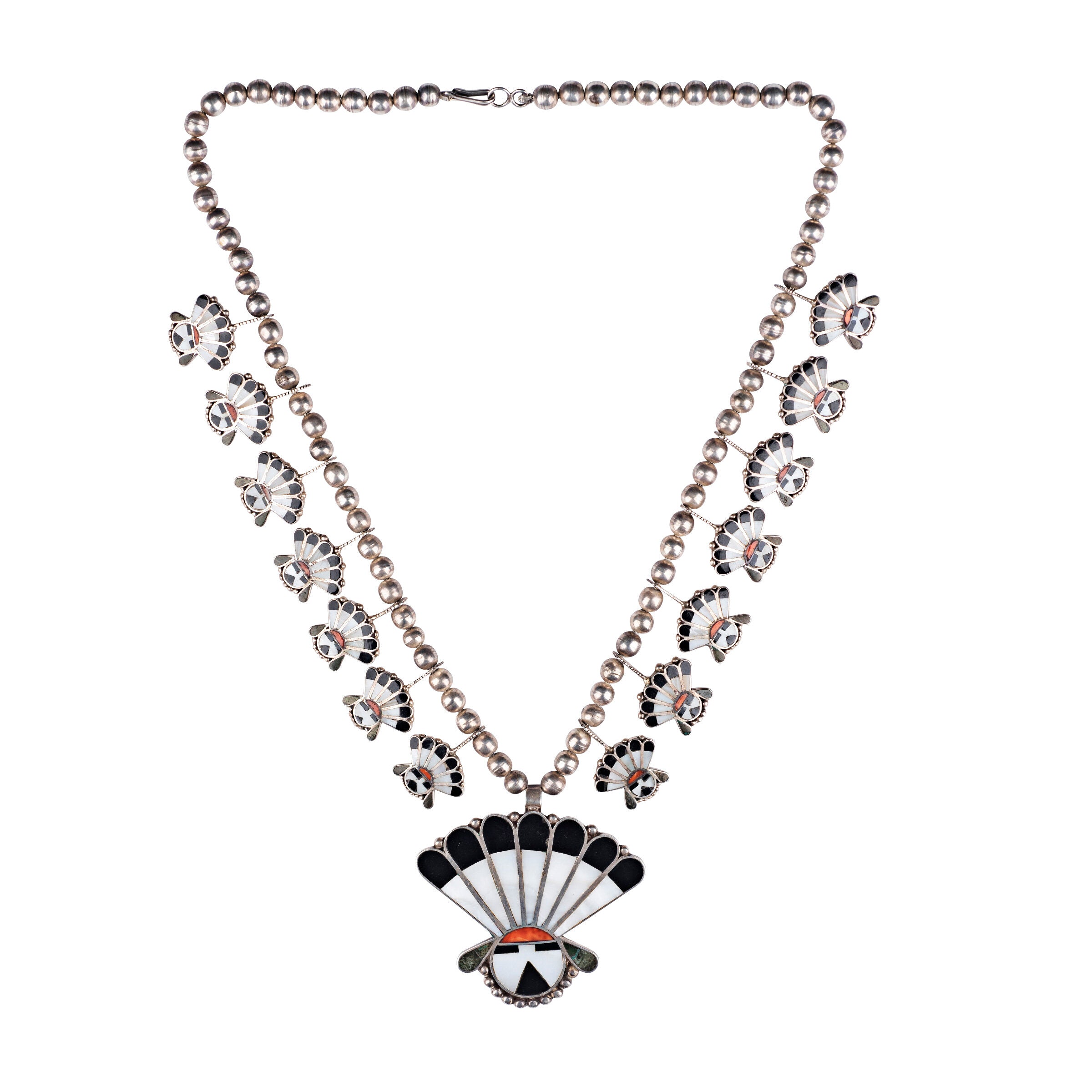 Vintage Zuni Inlay Sun Face Necklace, c. 1950