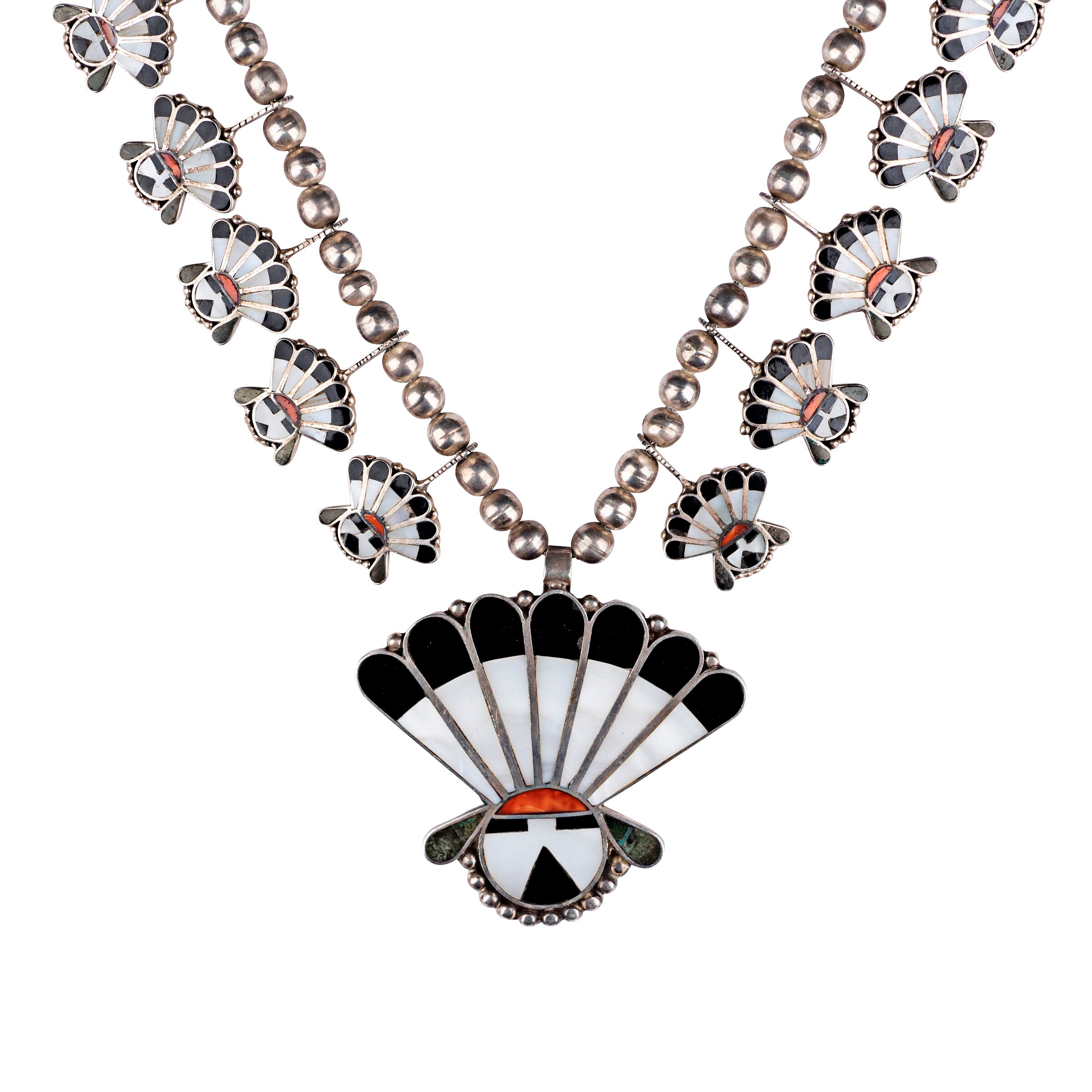 Vintage Zuni Inlay Sun Face Necklace, c. 1950