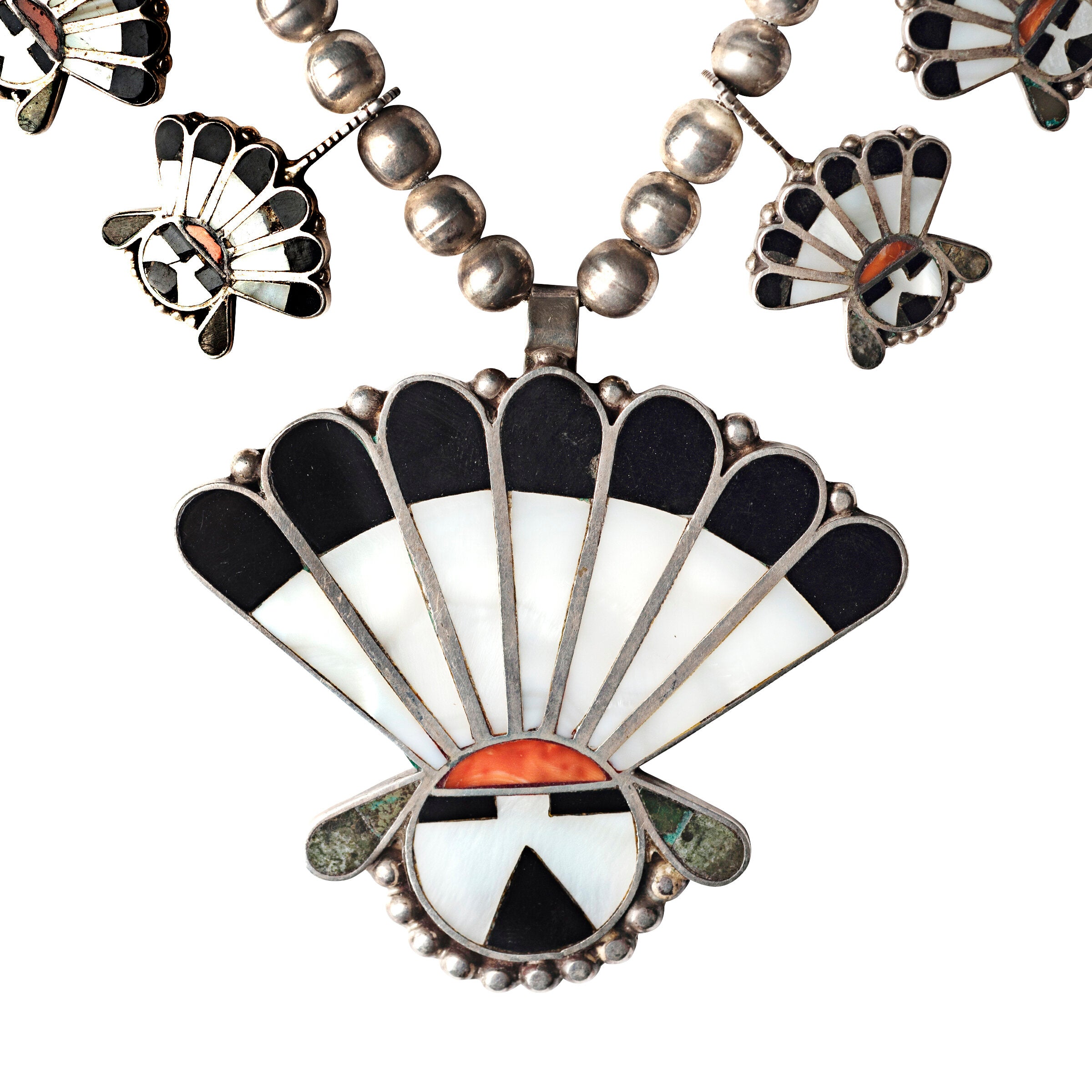 Vintage Zuni Inlay Sun Face Necklace, c. 1950