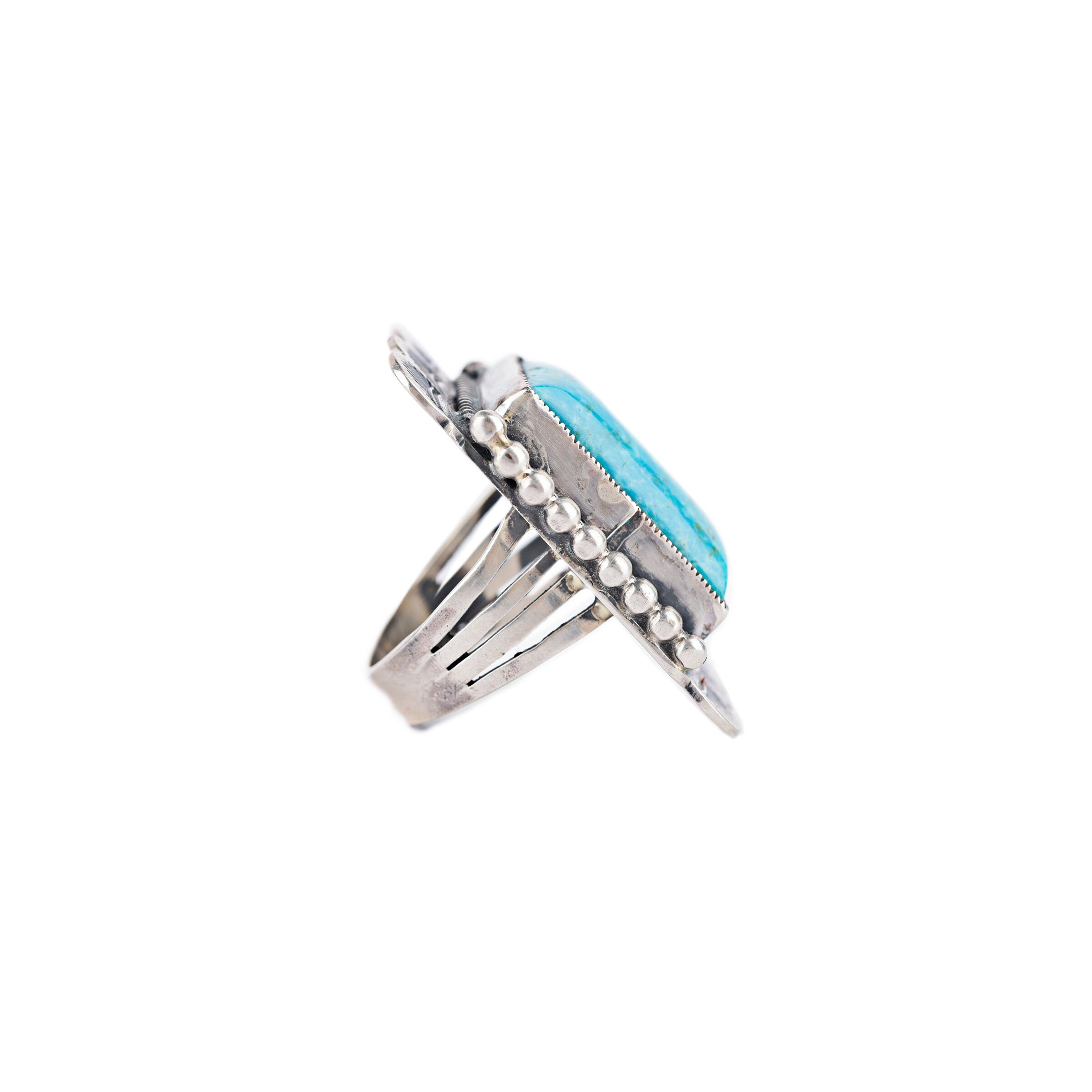 Sterling silver and blue turquoise signet ring from artisan Leo Feeney. Made in USA.