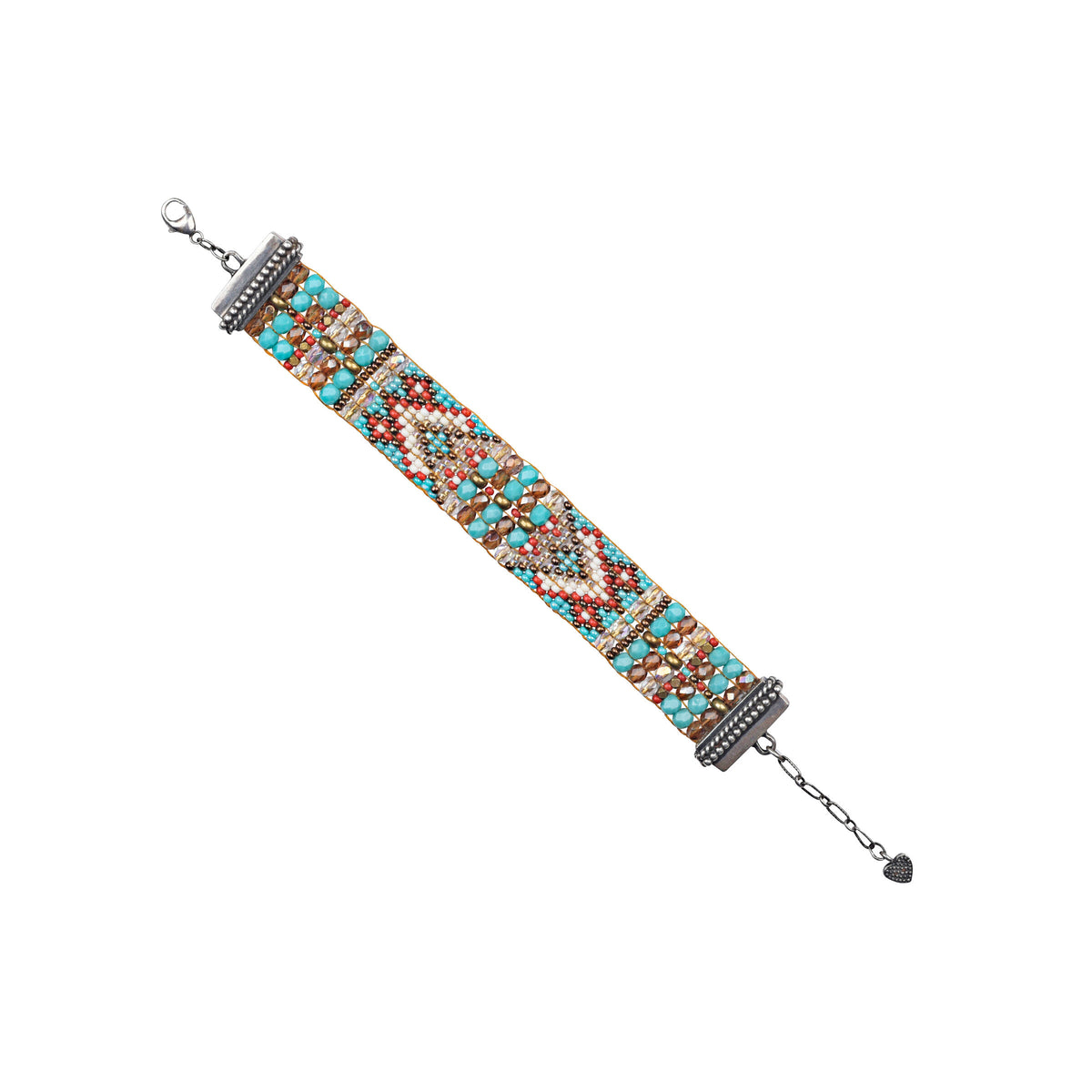 An adjustable bracelet made of .925 sterling silver with Czech fire polished glass beads in a geometric pattern, featuring a lobster clasp fastener.