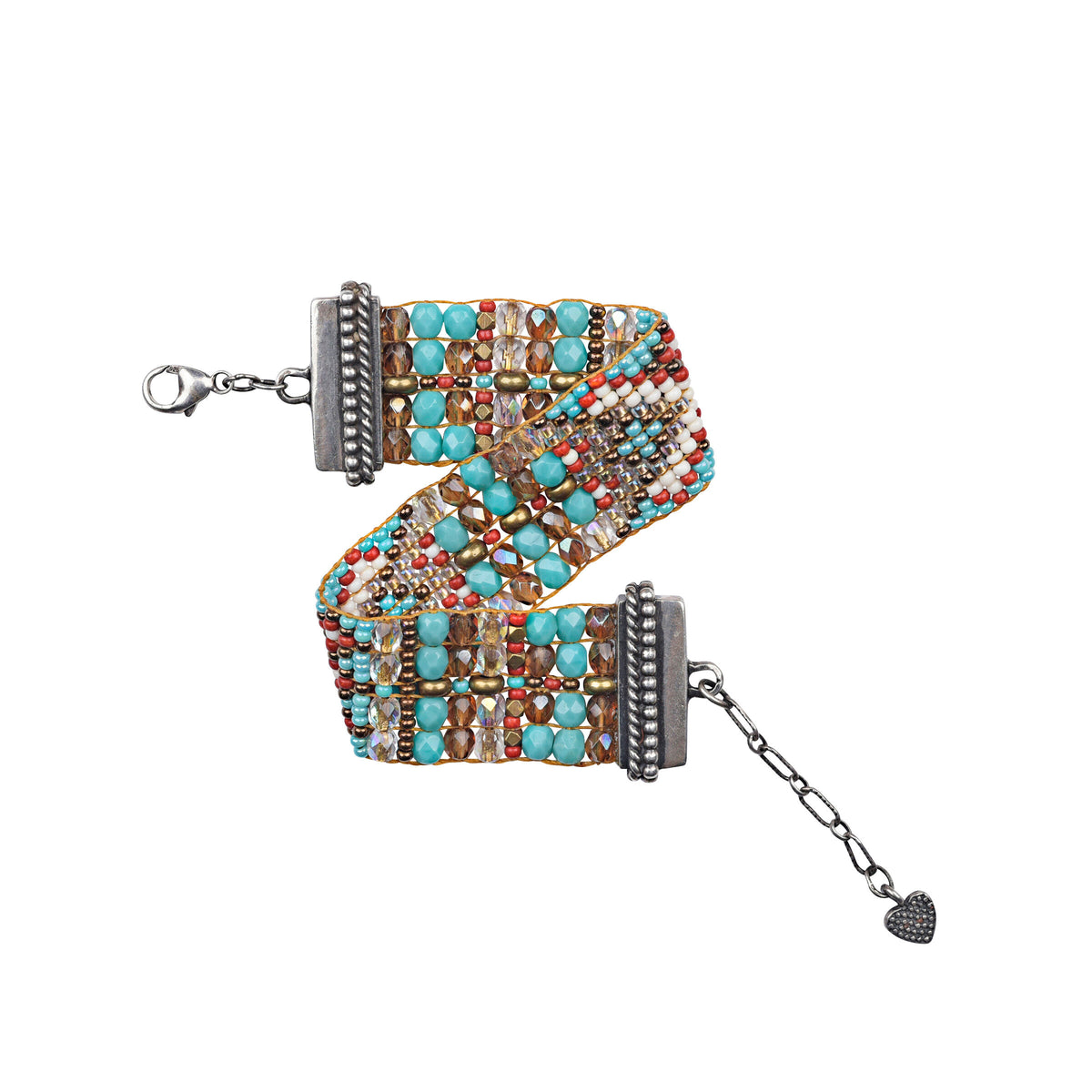 An adjustable bracelet made of .925 sterling silver with Czech fire polished glass beads in a geometric pattern, featuring a lobster clasp fastener.