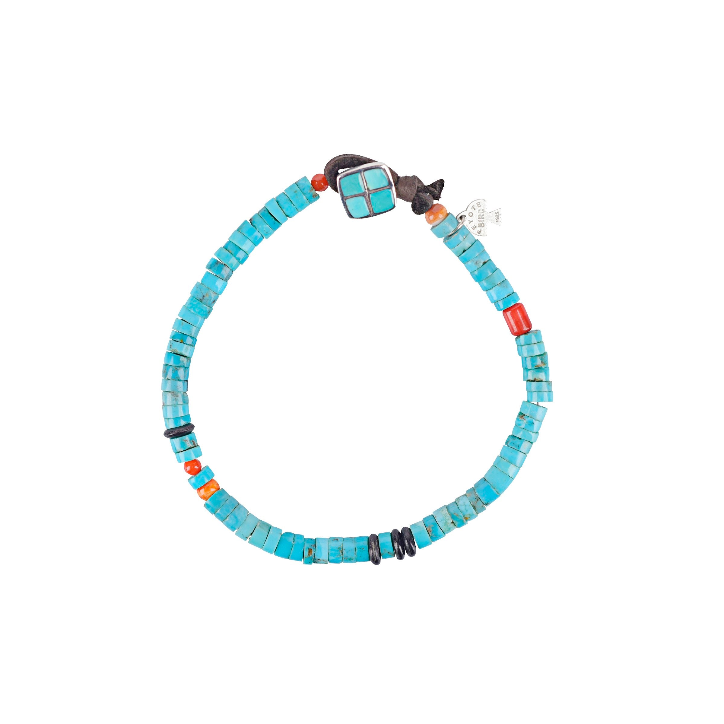 Men's beaded bracelet with turquoise, orange spiny oyster shell, red coral, onyx, and tied with leather. Rugged Western style with handcrafted appeal.