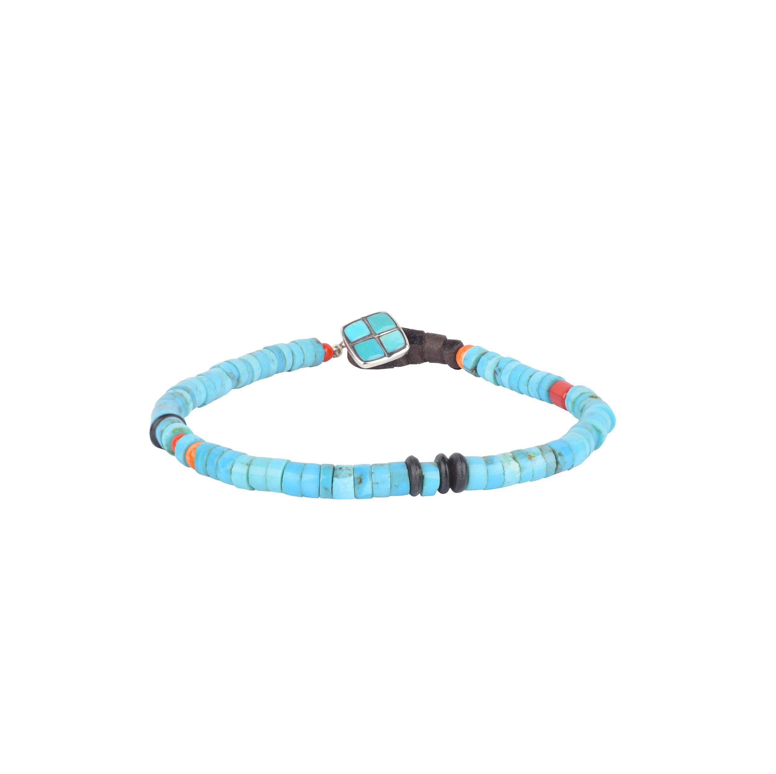 Men's beaded bracelet with turquoise, orange spiny oyster shell, red coral, onyx, and tied with leather. Rugged Western style with handcrafted appeal.