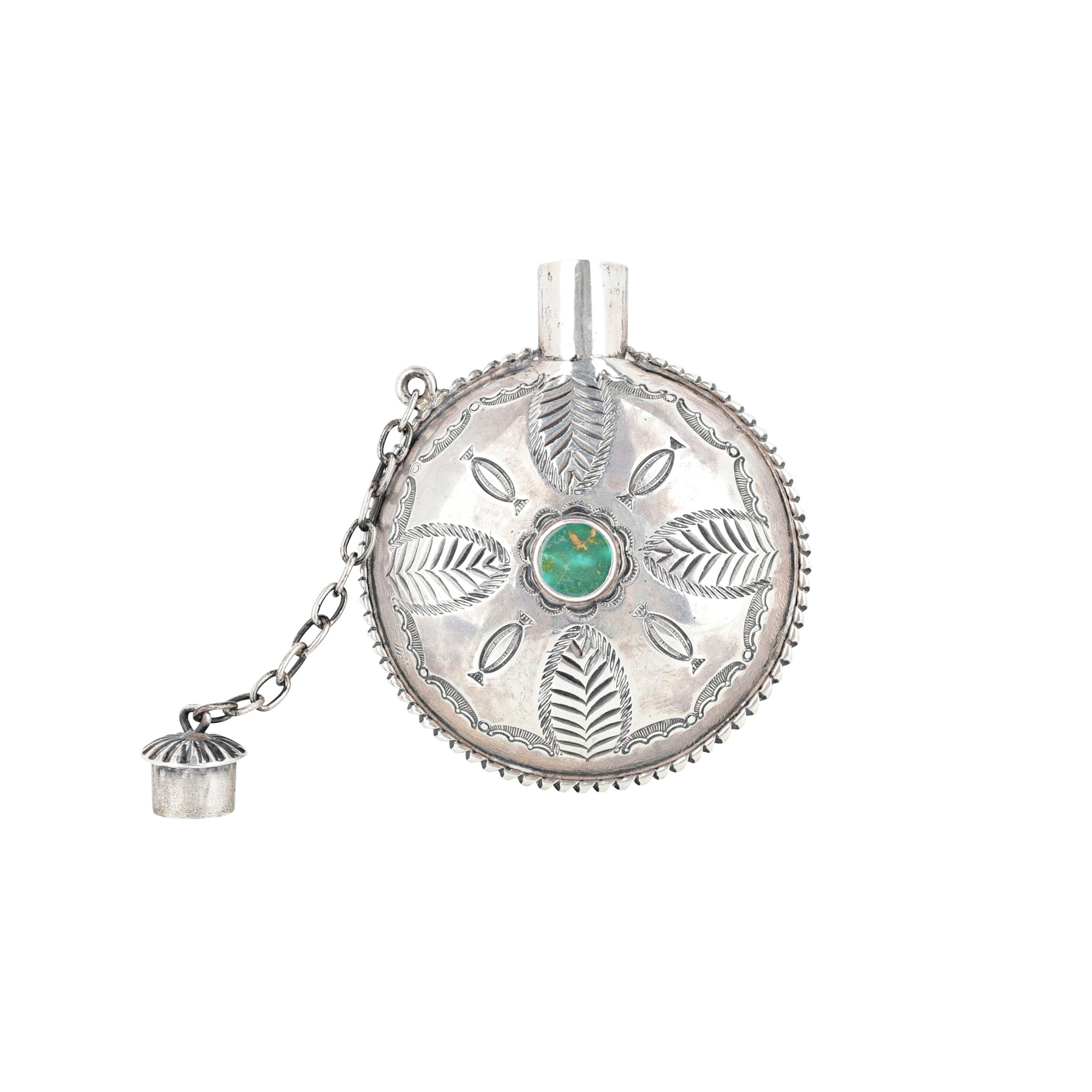 Vintage Silver Flask With Turquoise