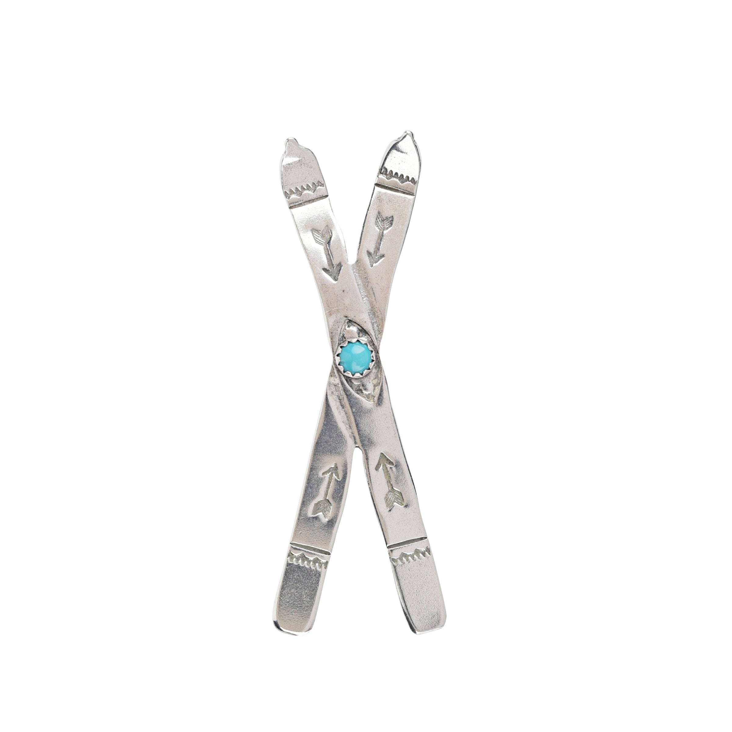 Joe Eby sterling silver skis pin with blue turquoise stone.