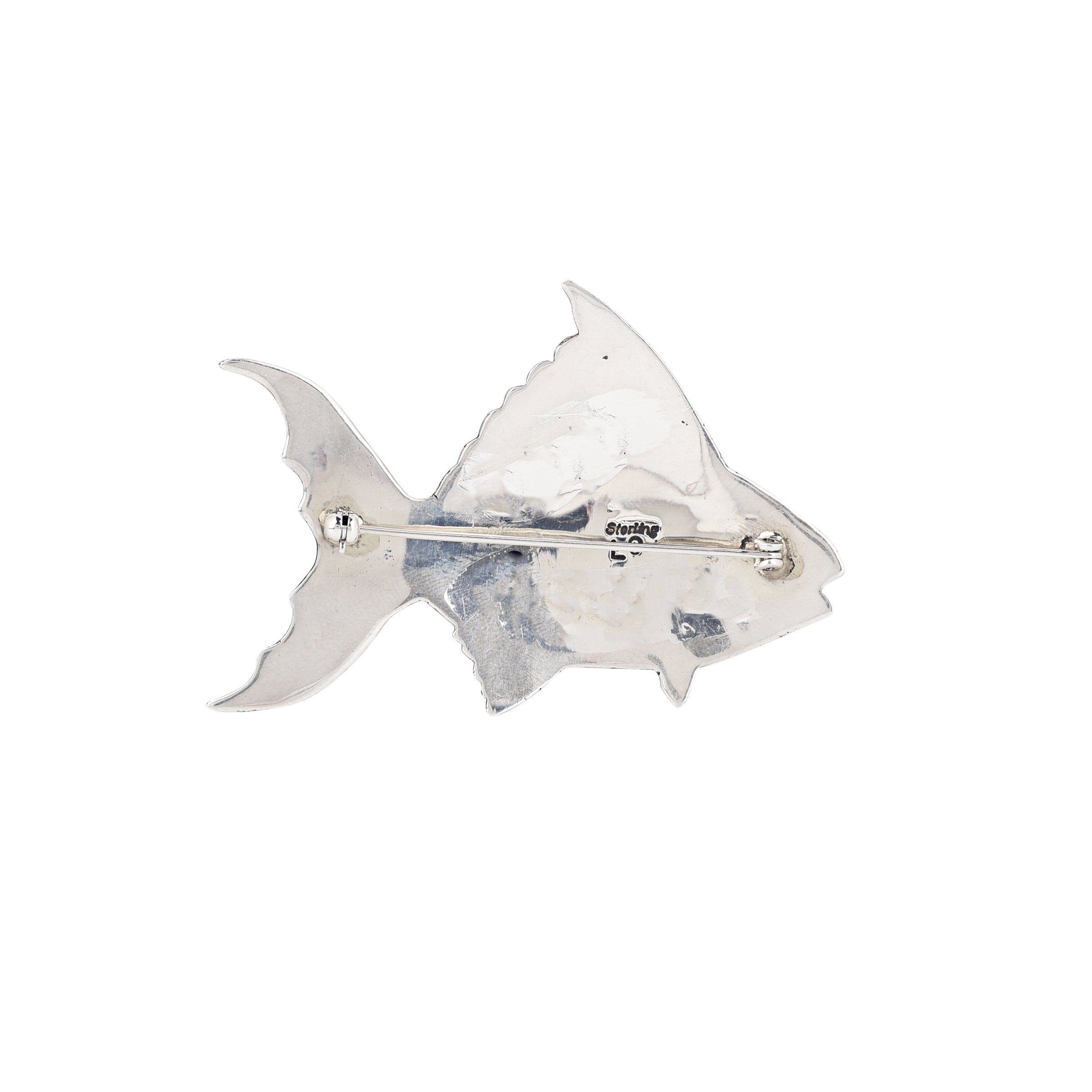 Sterling silver fish pin with a bar backing and an onyx eye. The ornate style, stamping and craftsmanship make this a unique item.