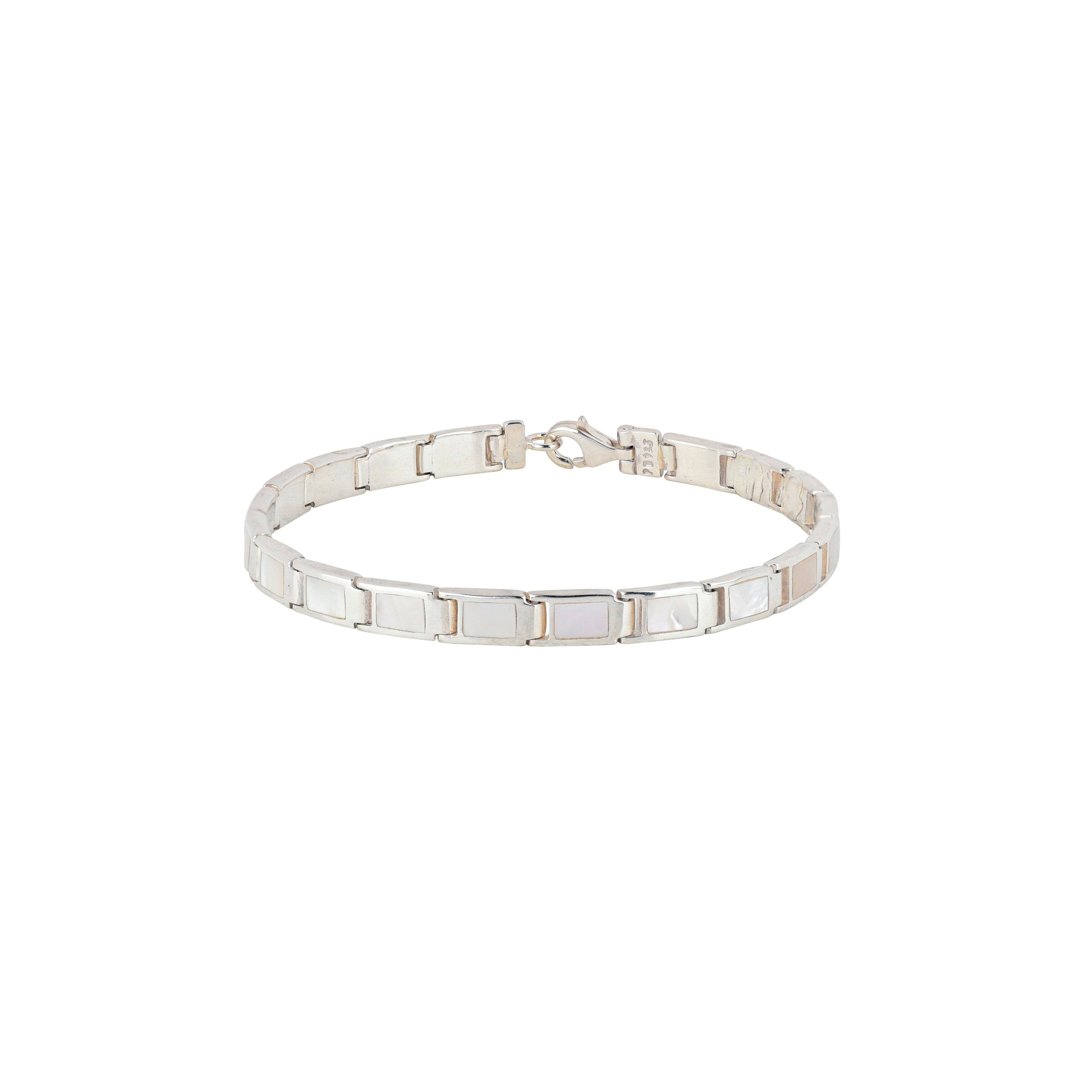 A silver bracelet with white mother of pearl stones, featuring a clasp.