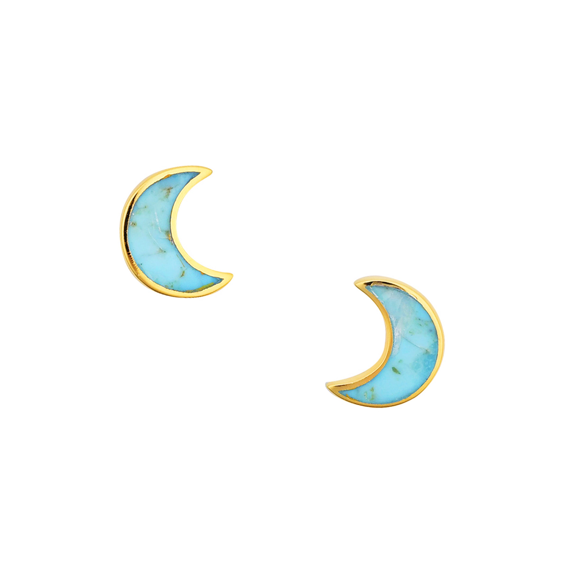 A pair of crescent-shaped stud earrings with turquoise stones, made of 14K gold plate.