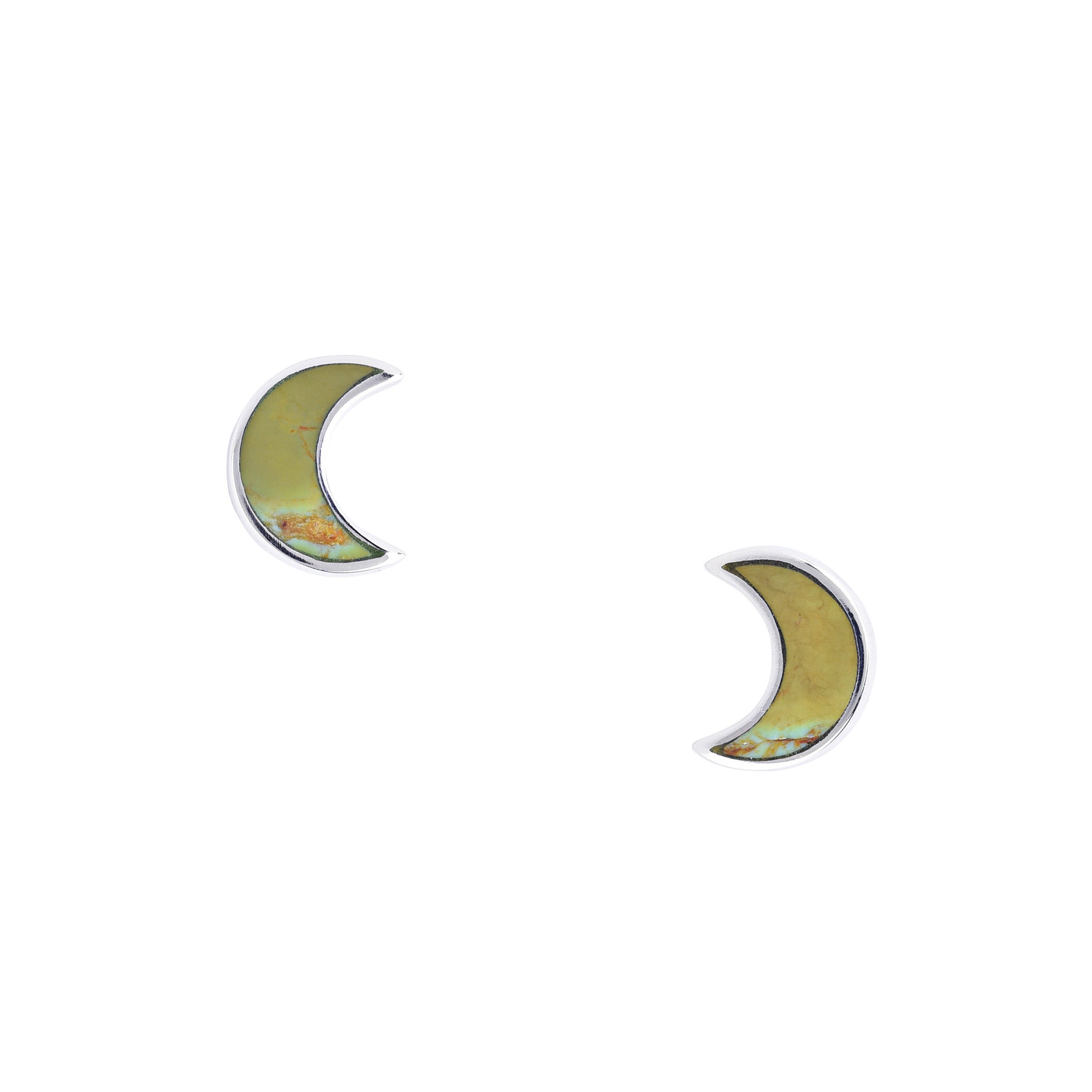 A pair of crescent-shaped stud earrings with green turquoise stones, made of .925 sterling silver.