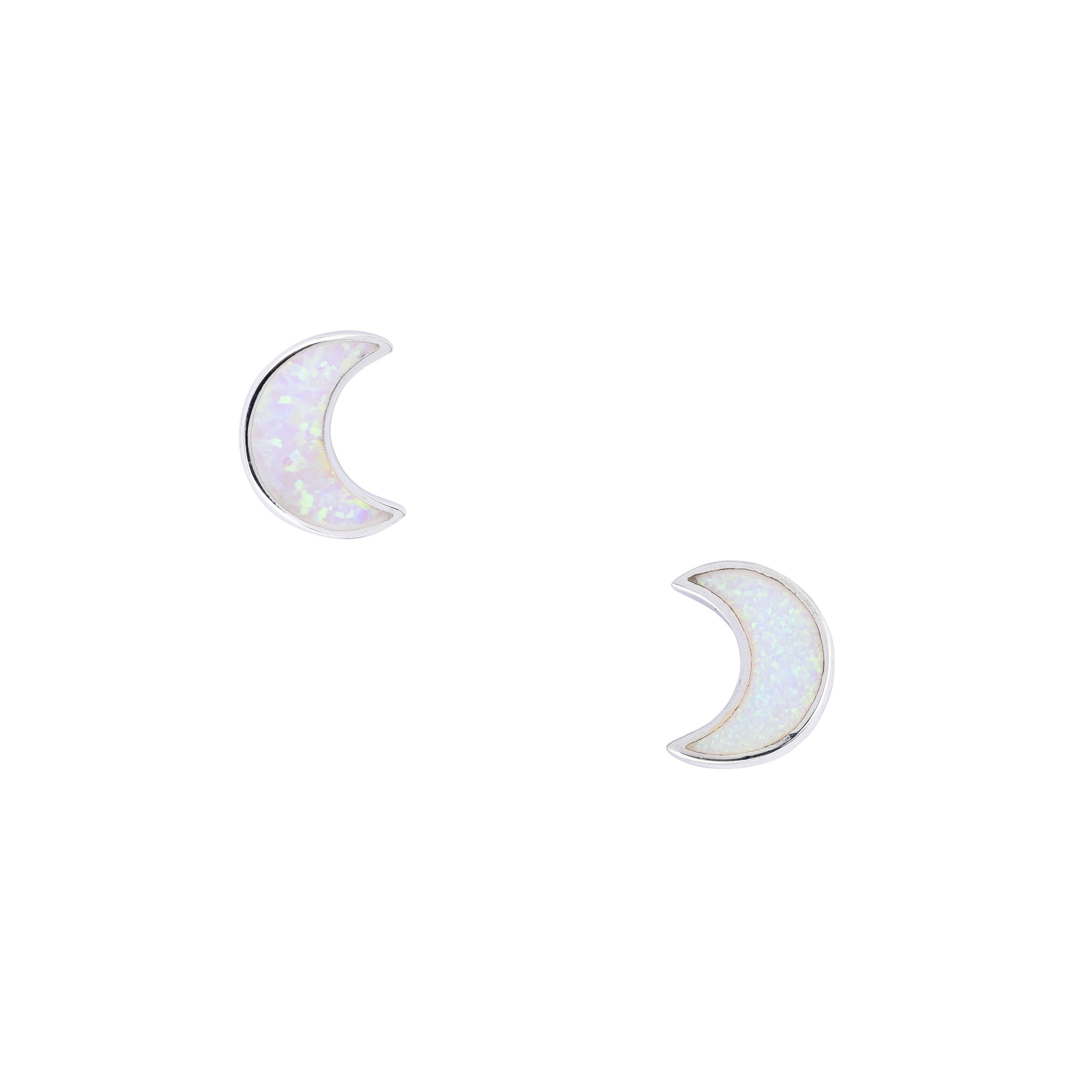 A pair of crescent-shaped stud earrings with white opal stones, made of .925 sterling silver.