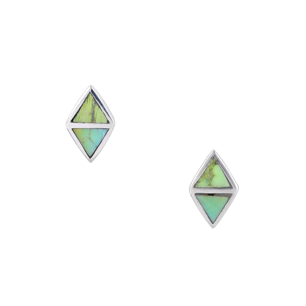 A pair of symmetrical sterling silver  earrings with green turquoise and gaspeite stones from the Peyote Bird Bird and Arrow collection.