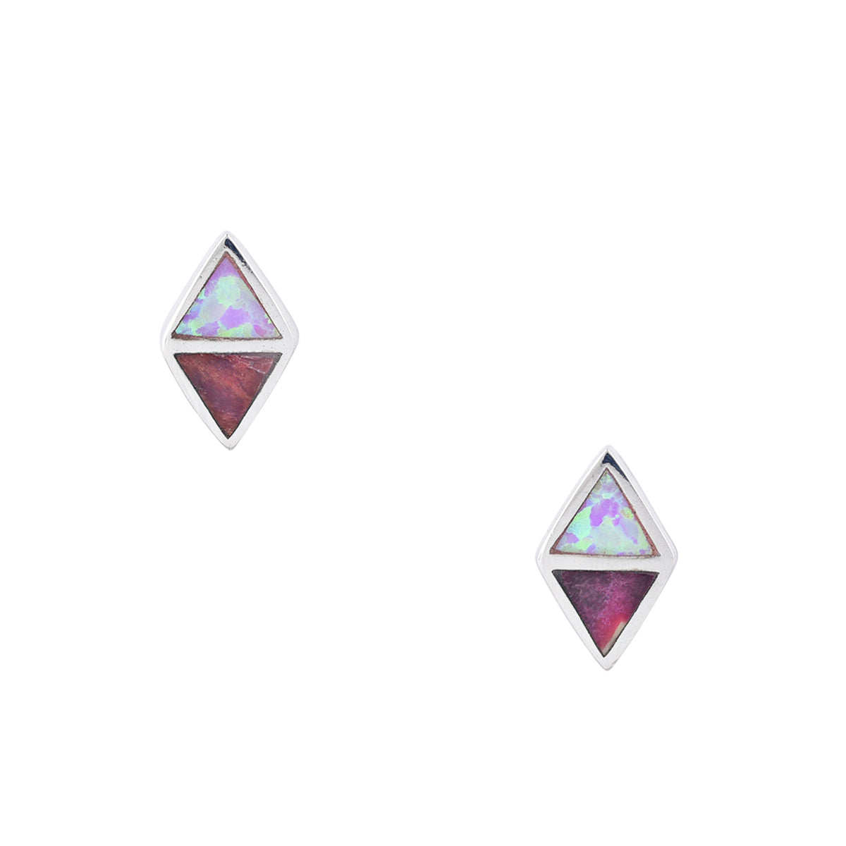 A pair of symmetrical sterling silver  earrings with pink opal and purple spiny oyster shell stones from the Peyote Bird Bird and Arrow collection.