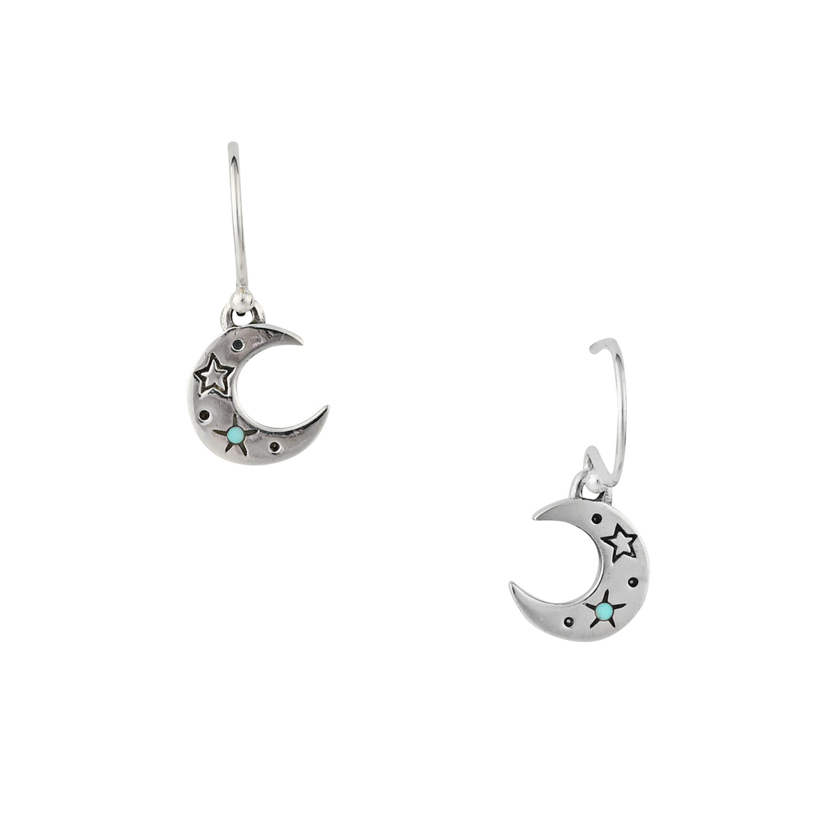 A pair of silver hoop earrings with turquoise accents in the shape of small crescent moons. 