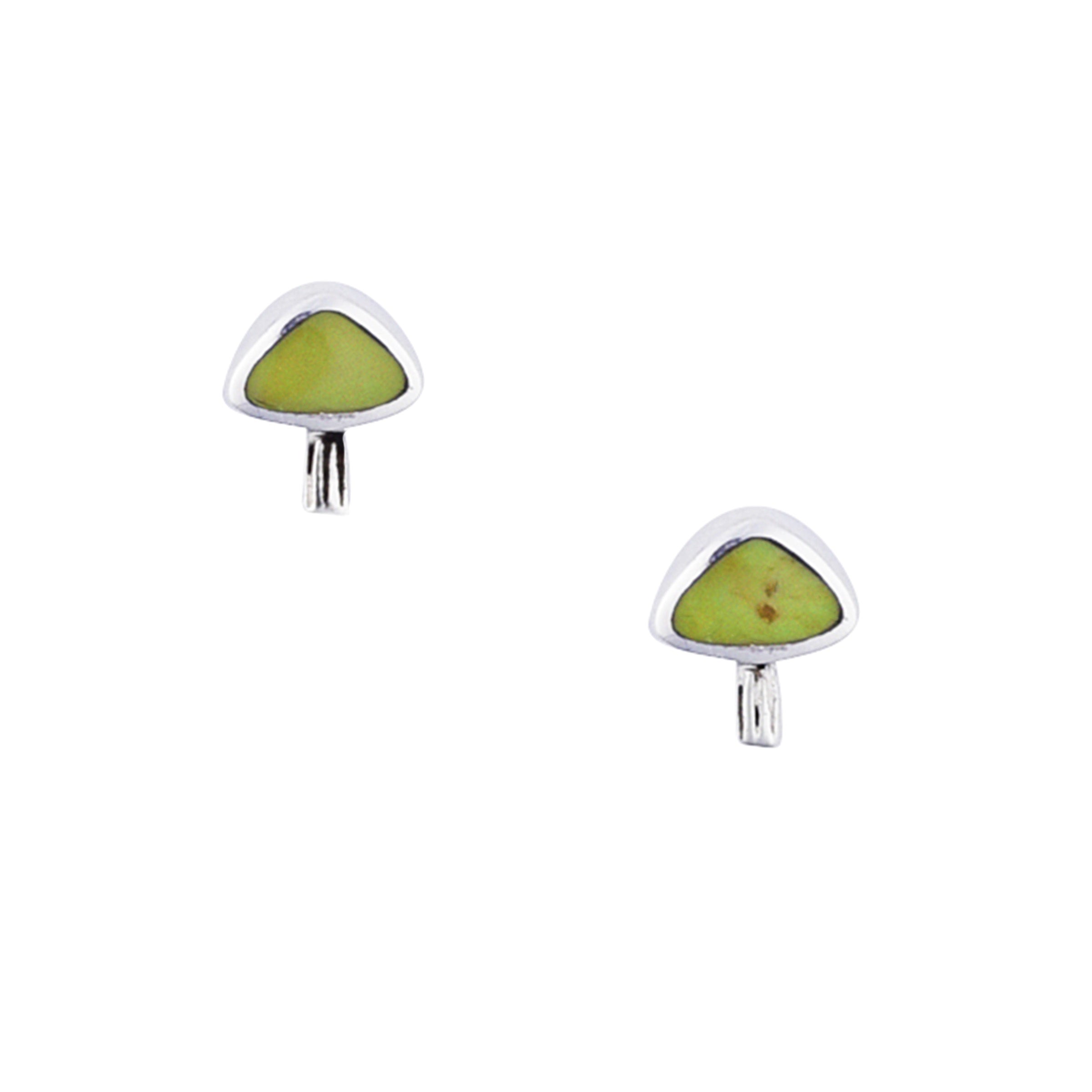 Petite stud earrings in sterling silver and green turquoise in the shape of a portabella mushroom.