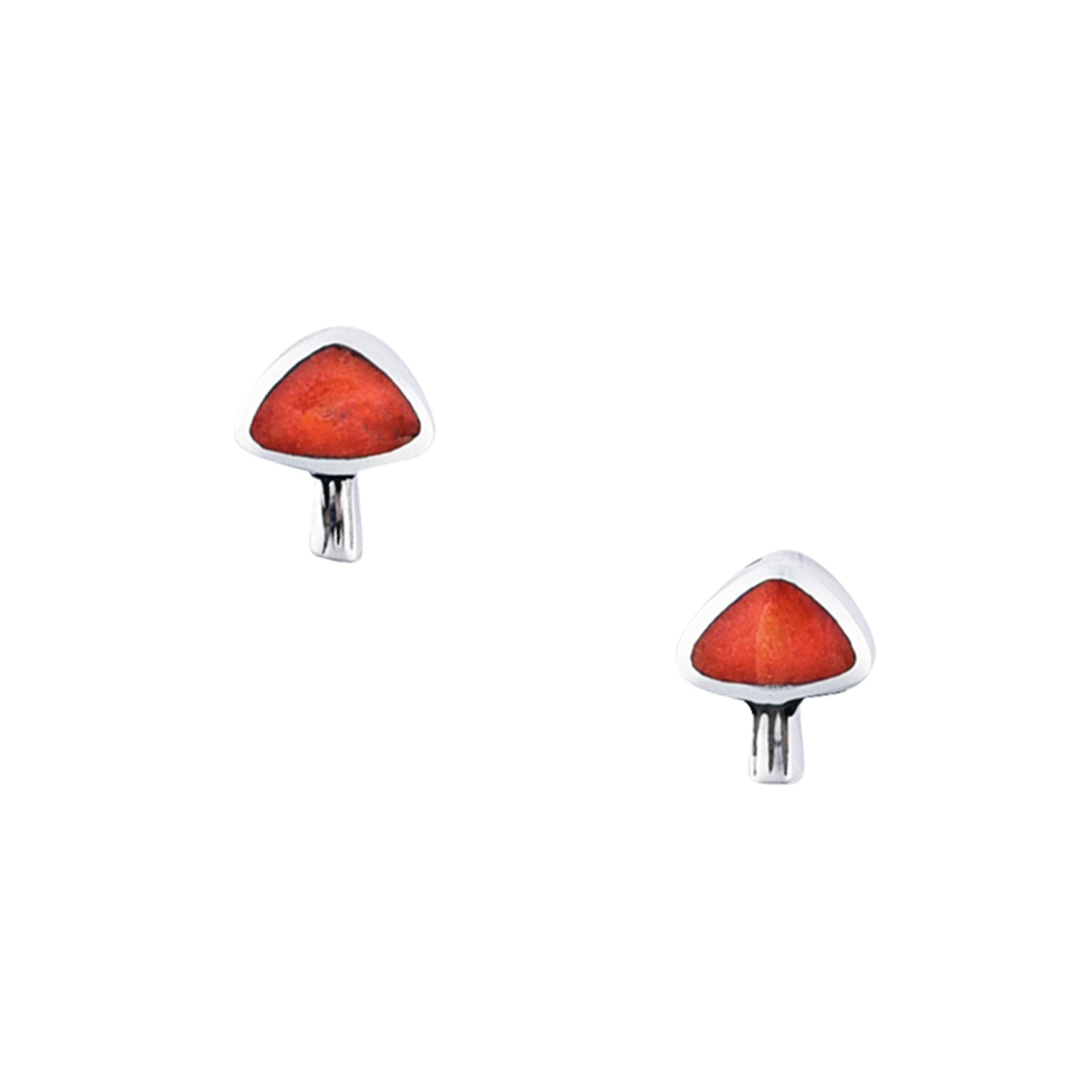 Petite stud earrings in sterling silver and red coral in the shape of a portabella mushroom.