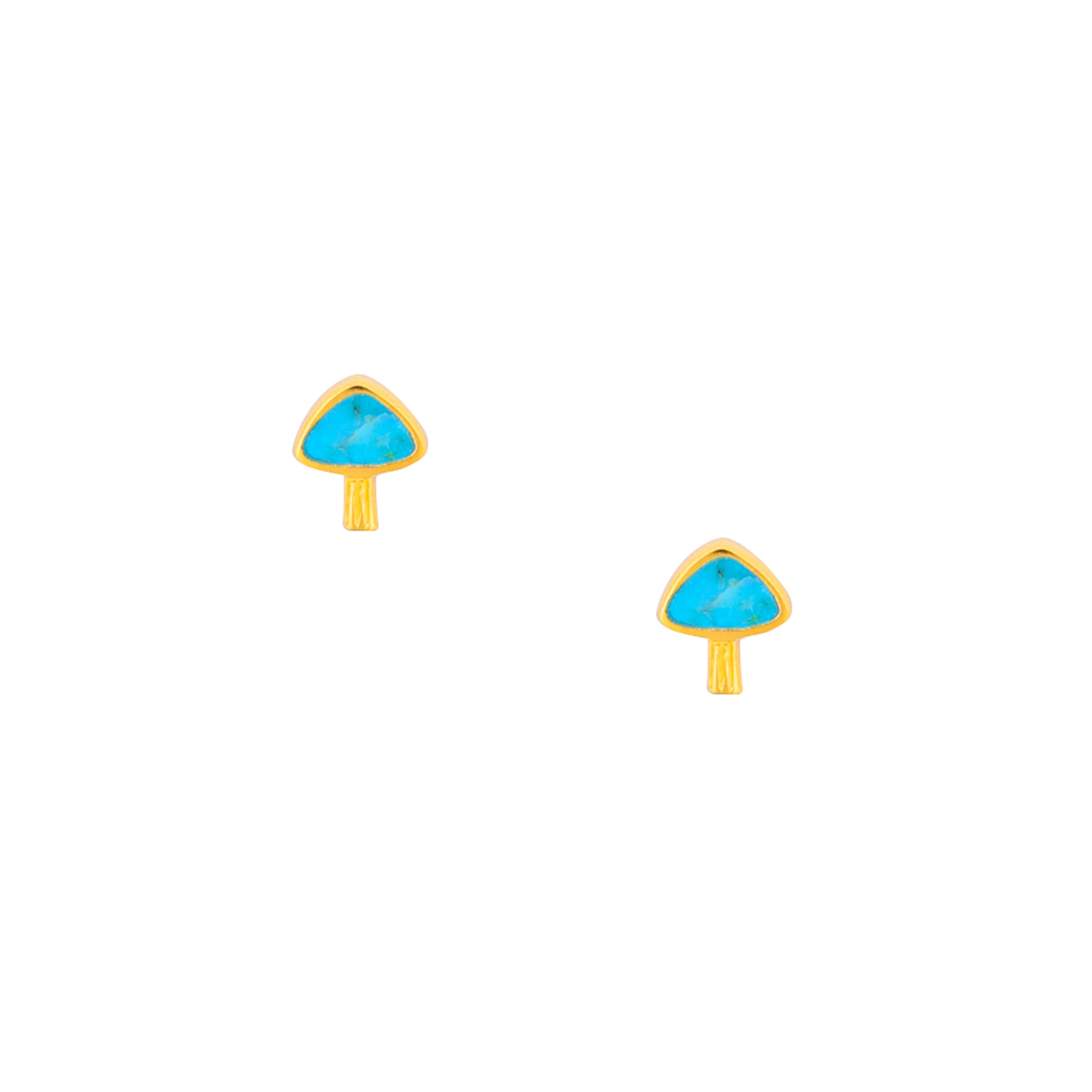 Petite stud earrings in 14K gold plate and blue turquoise in the shape of a portabella mushroom.