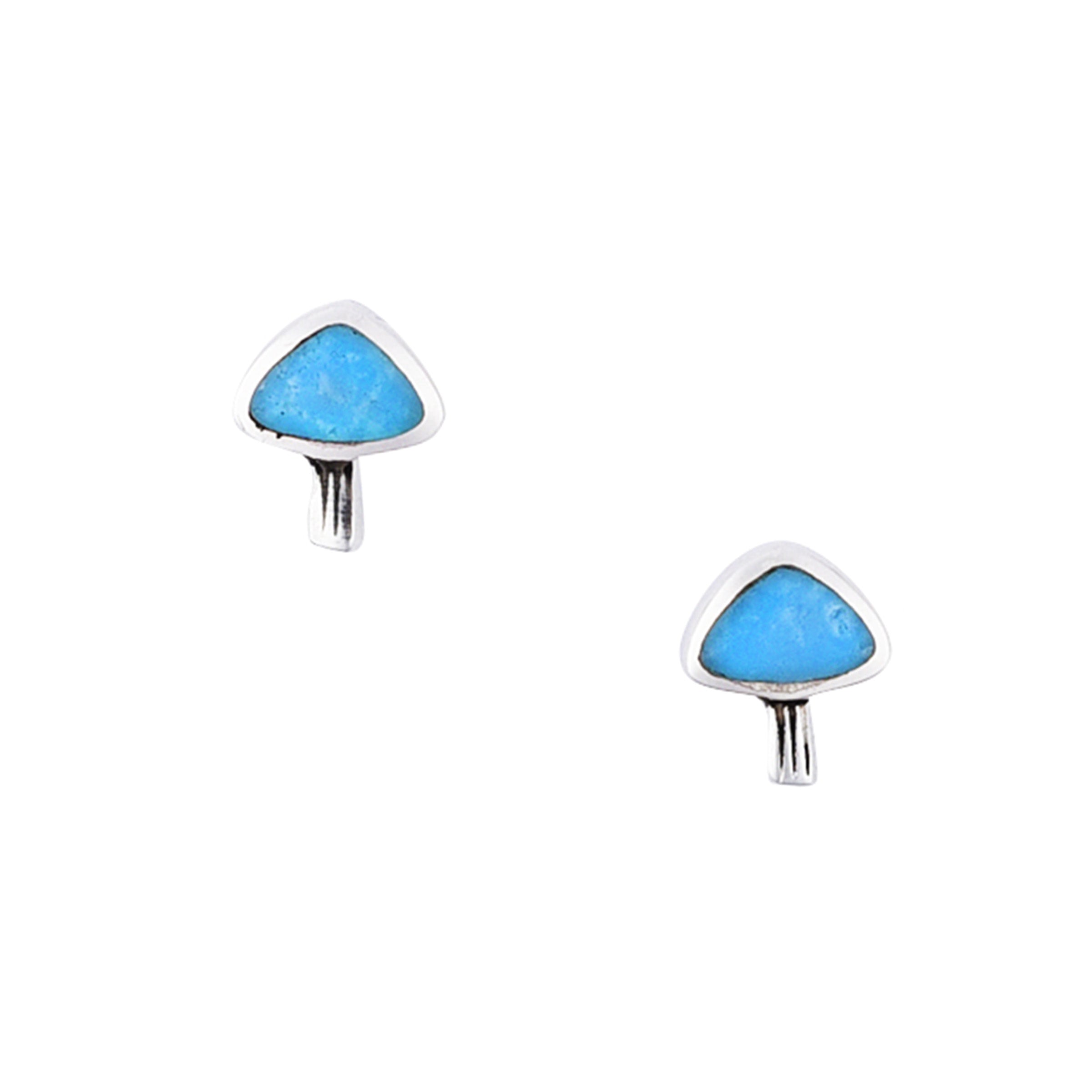 Petite stud earrings in sterling silver and blue turquoise in the shape of a portabella mushroom.