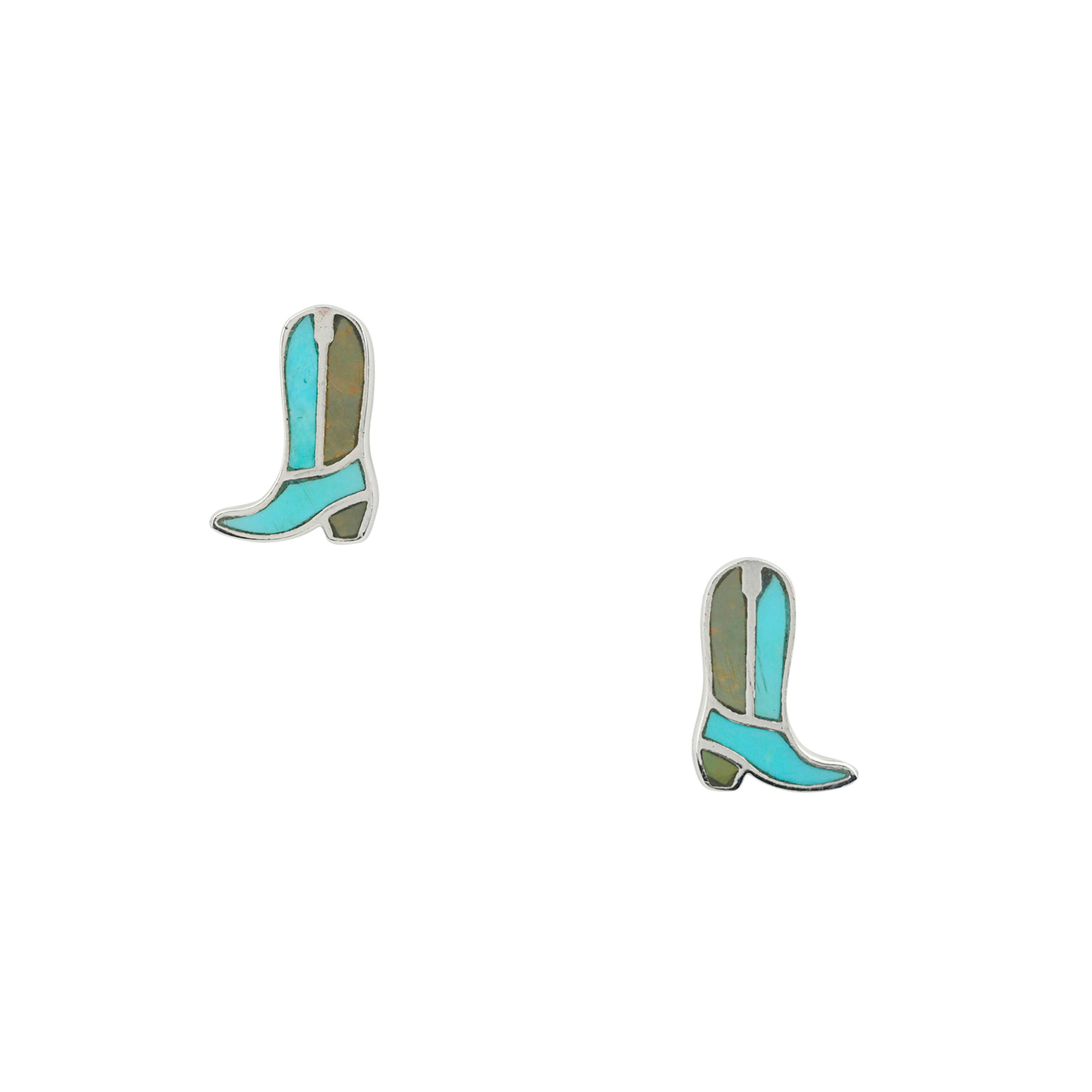 Sterling Silver cowboy boot stud earrings with green and bright blue Turquoise 
