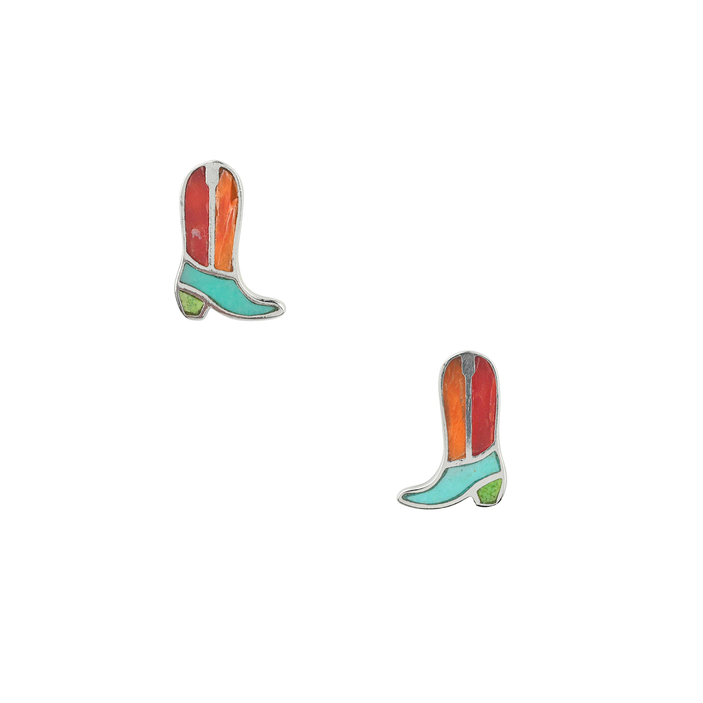 Sterling Silver cowboy boot stud earrings with multiple stone colors inlayed 