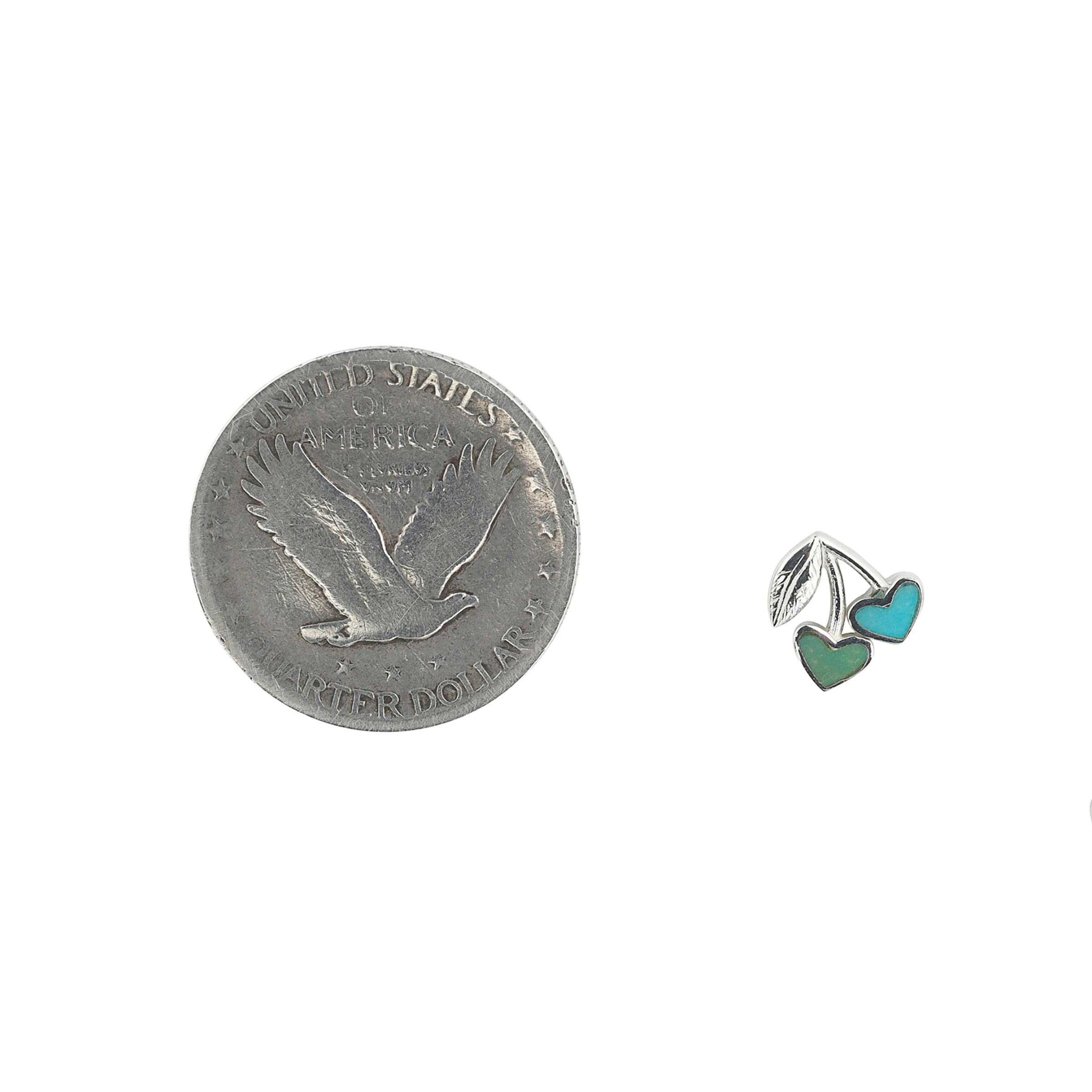 Sterling Silver cherry earrings with Blue Turquoise and Green Turquoise stone inlay next to coin for scale. 