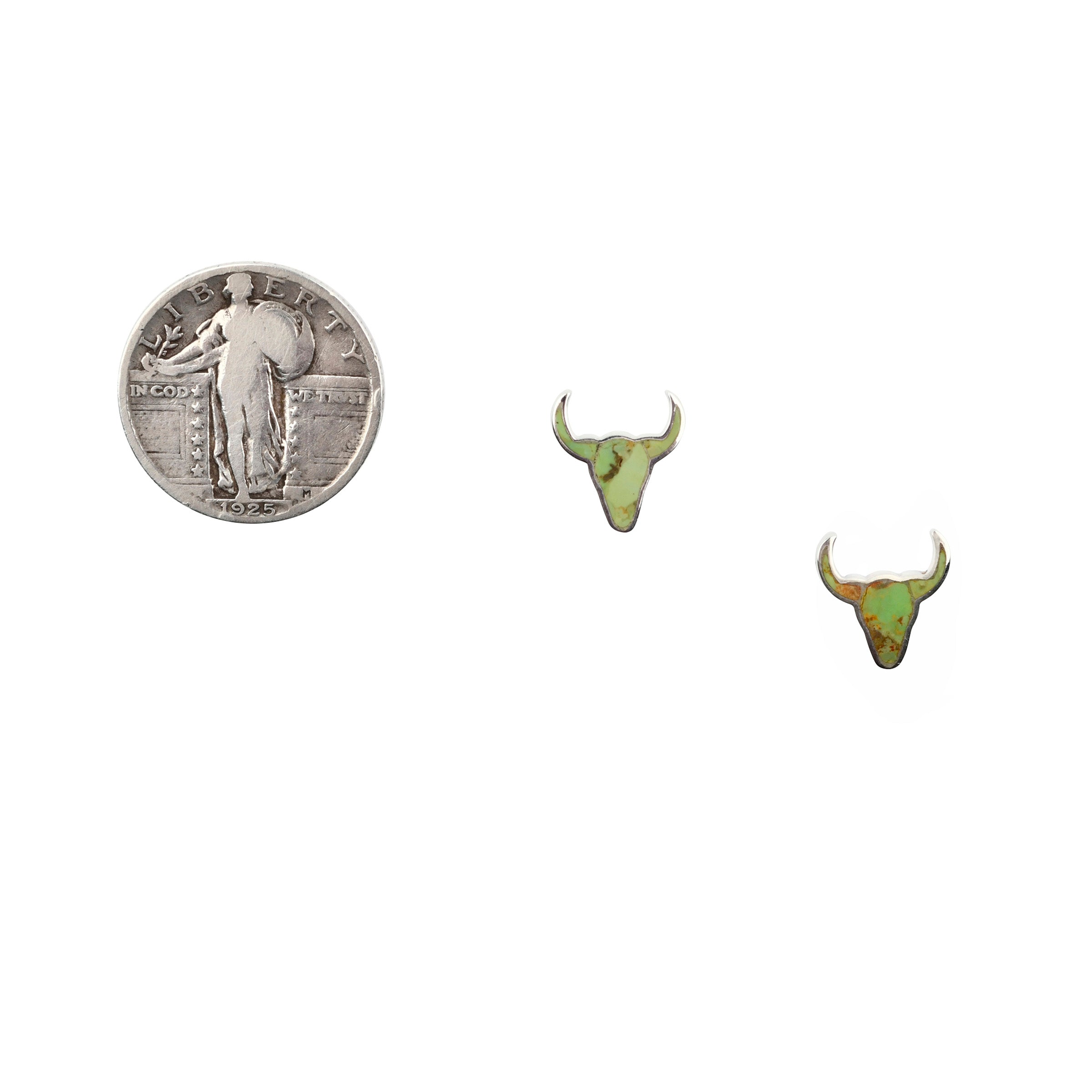 Sterling Silver Green Turquoise inlay longhorn earrings next to coin for scale. 