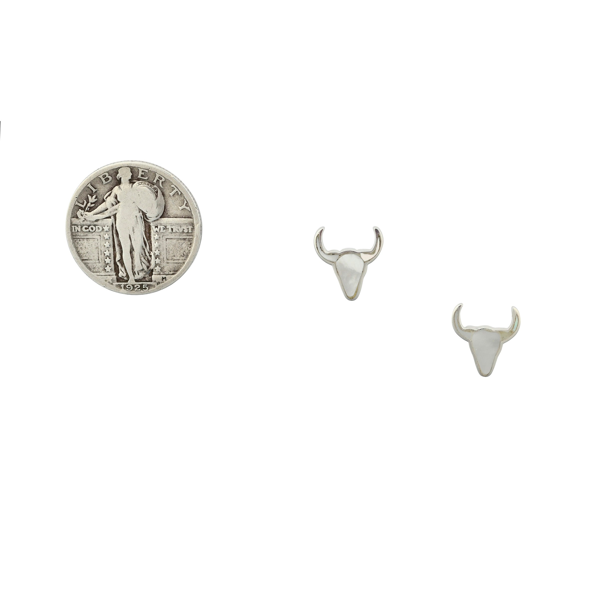 Sterling Silver Mother of Pearl inlay longhorn earrings next to coin for scale. 
