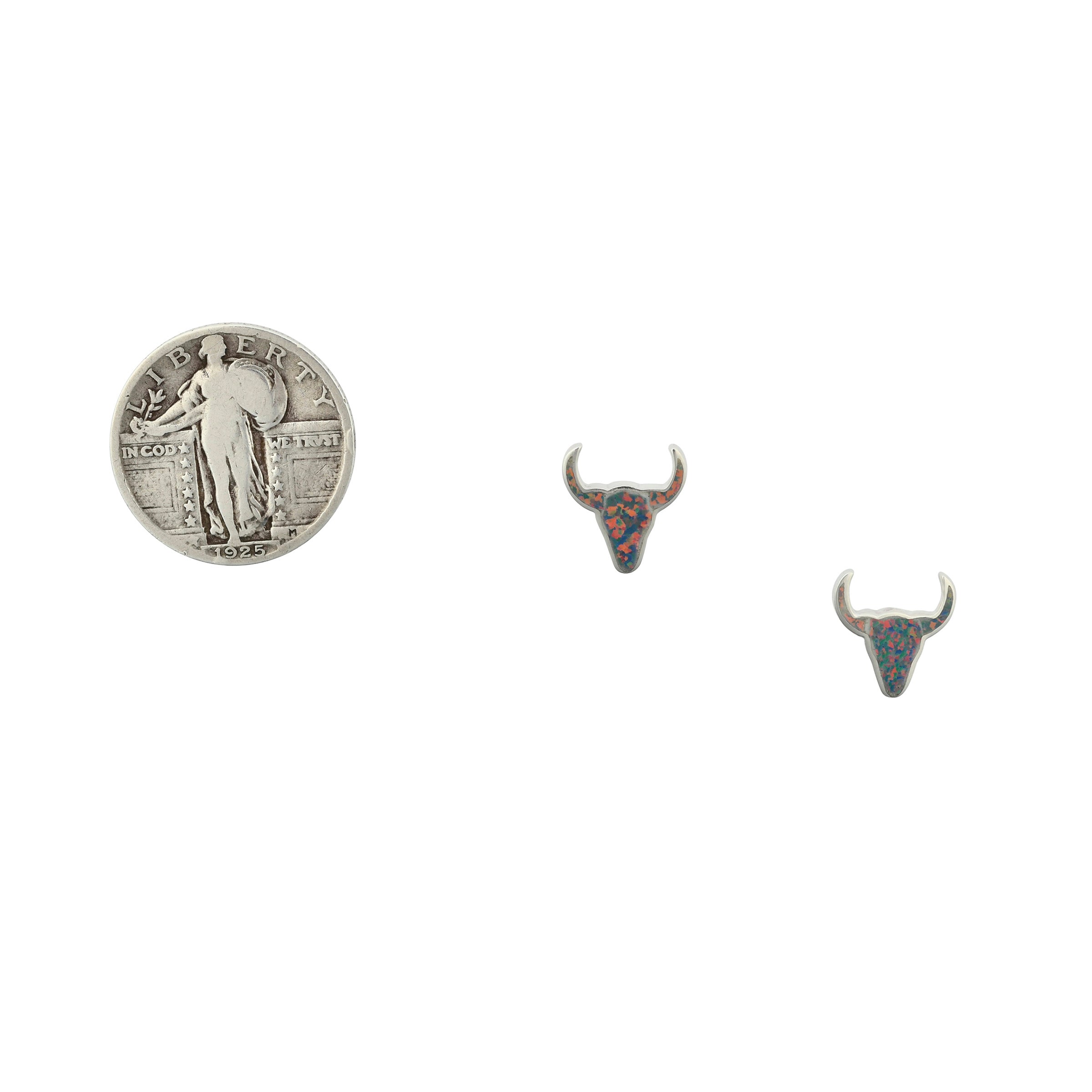 Sterling Silver Purple Opal inlay longhorn earrings next to coin for scale. 