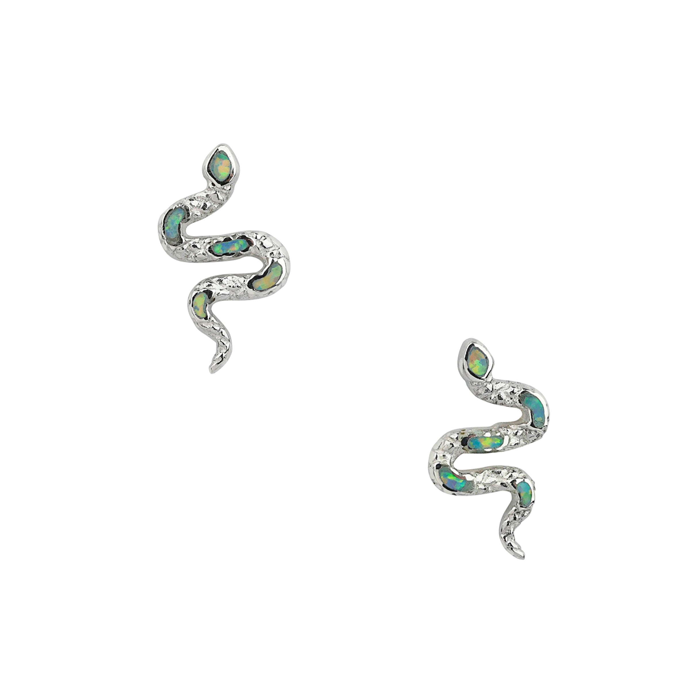 Textured Sterling Silver snake form earrings with blue opal stone inlay. 