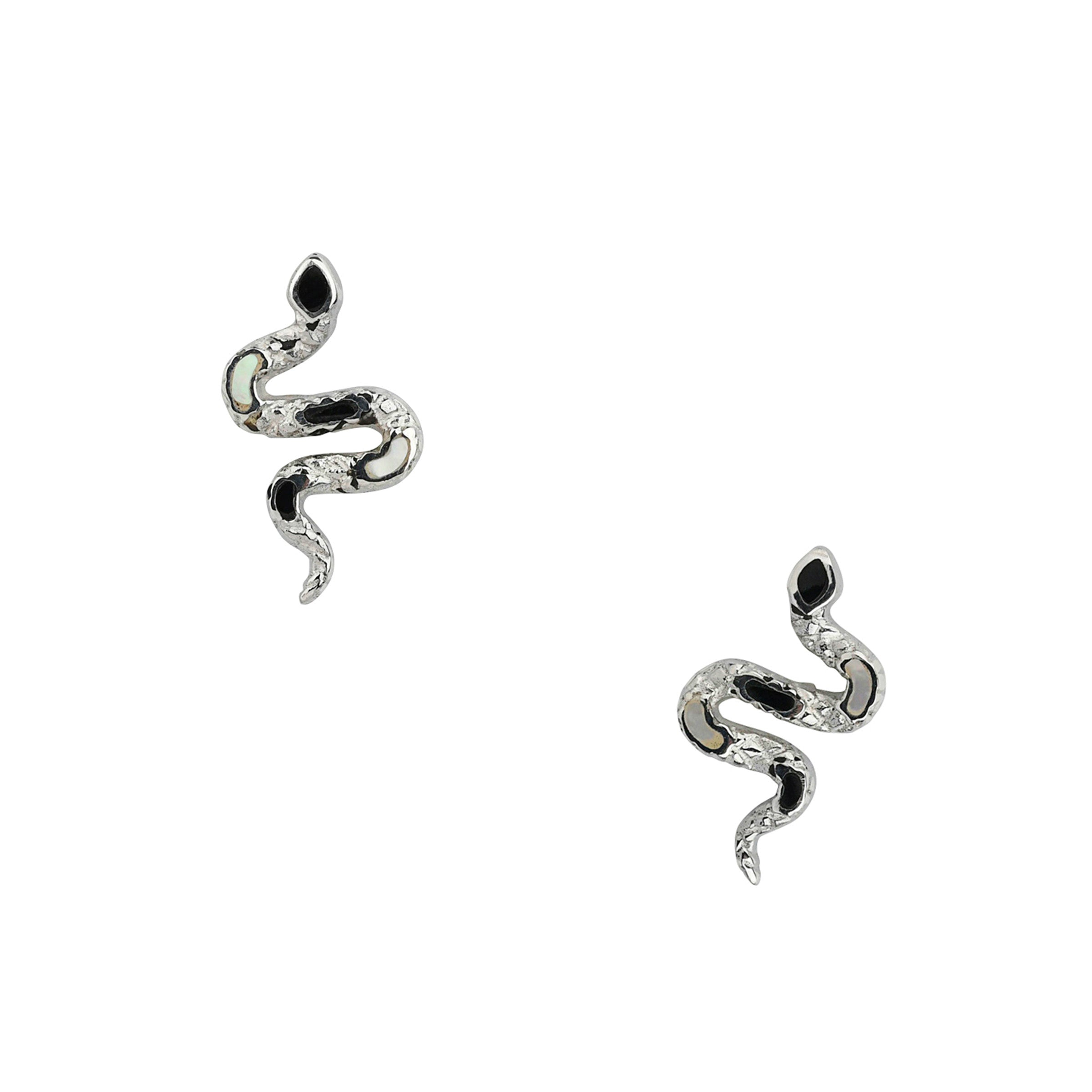 Textured Sterling Silver snake form earrings with black onyx and mother of pearl stone inlay. 