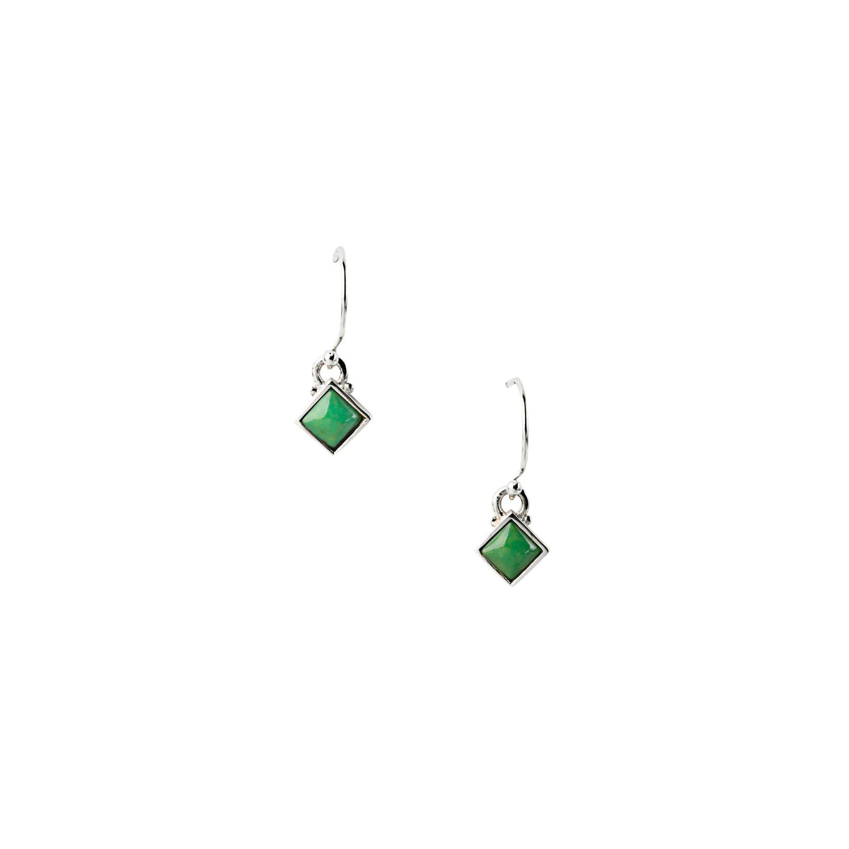 Green stone diamond shape earrings on silver ear wires. 