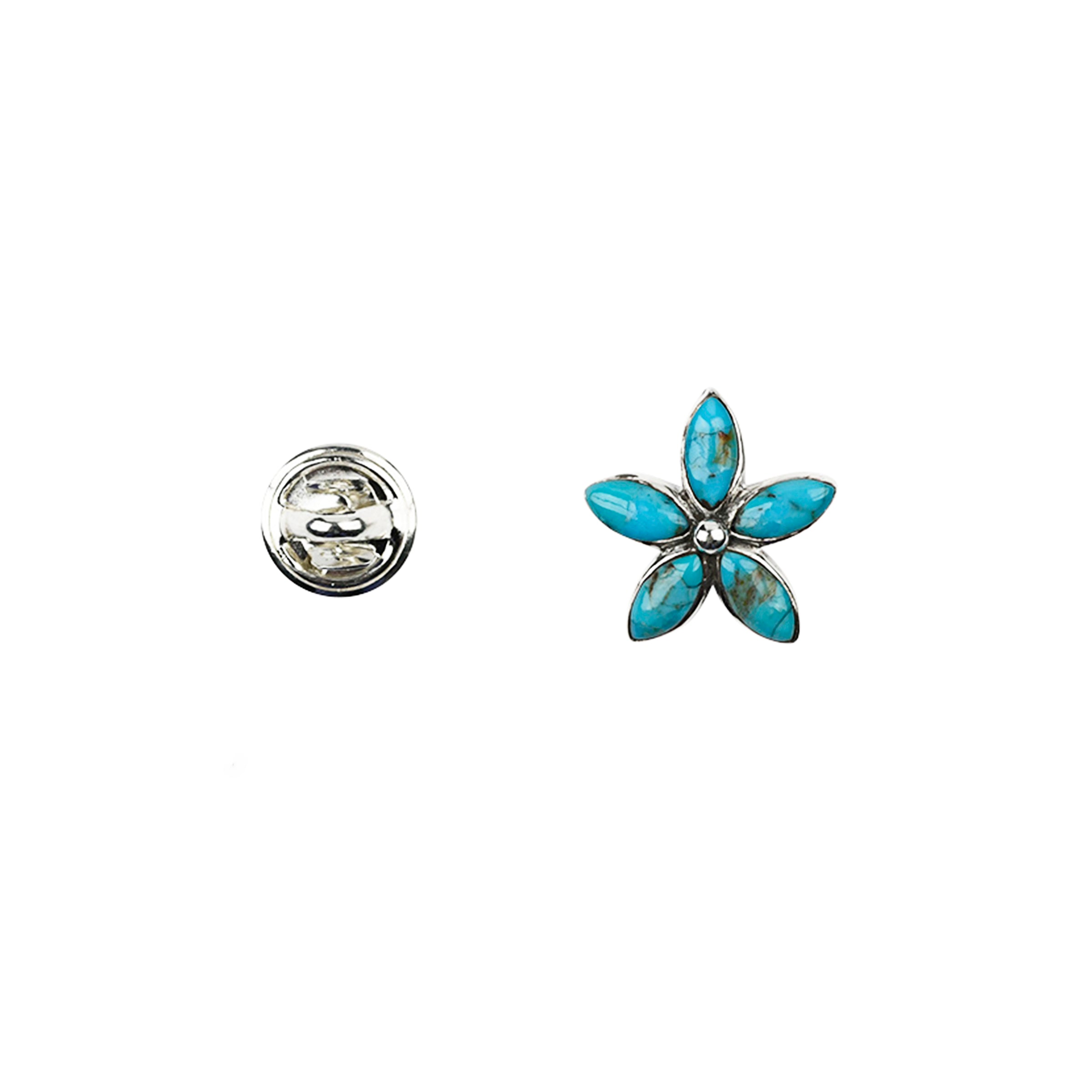 Sterling Silver turquoise inlay flower pin next to pin back with 5 leaves. 