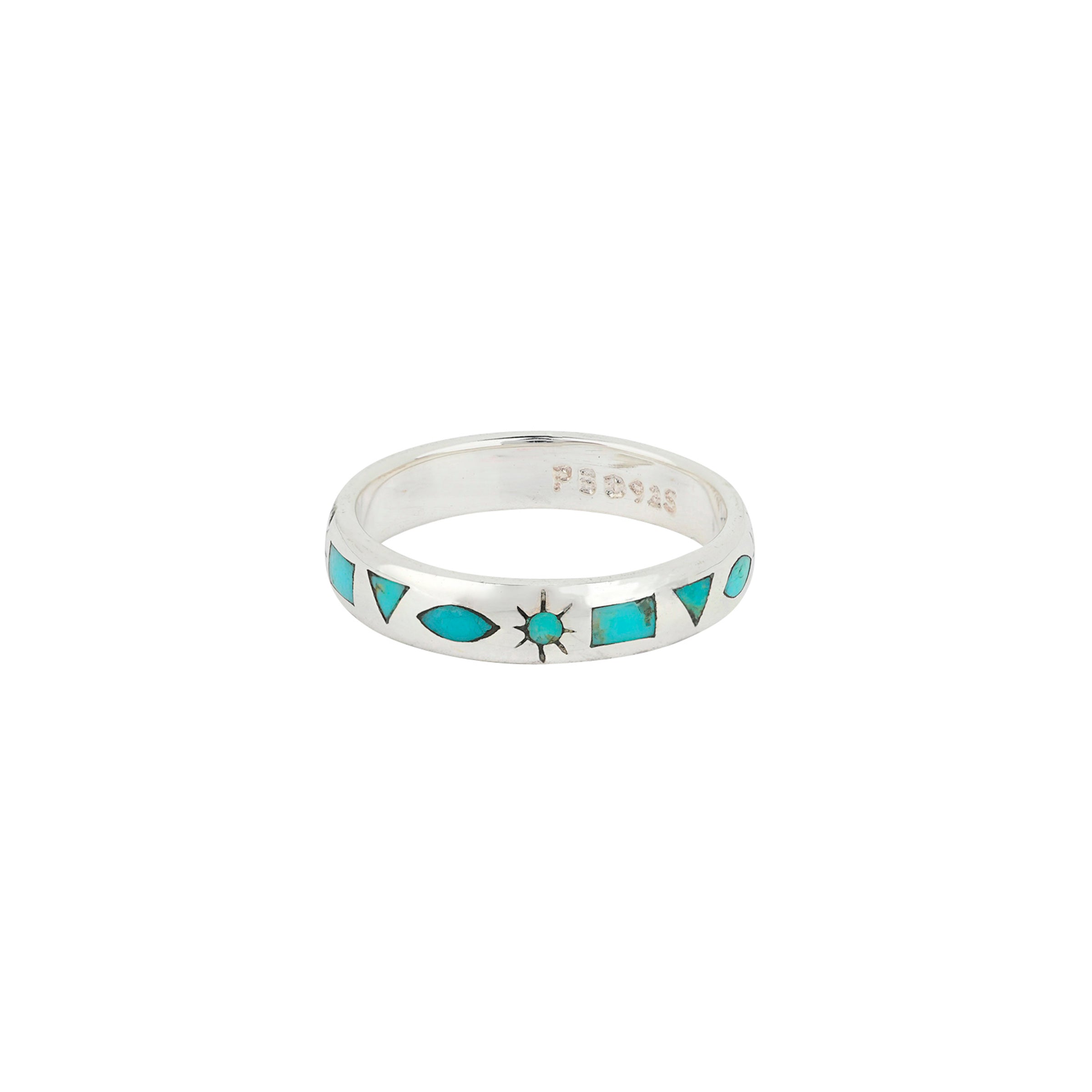 Sterling Silver ring with circle, oval, triangle and square turquoise stone inlay pattern along band. 