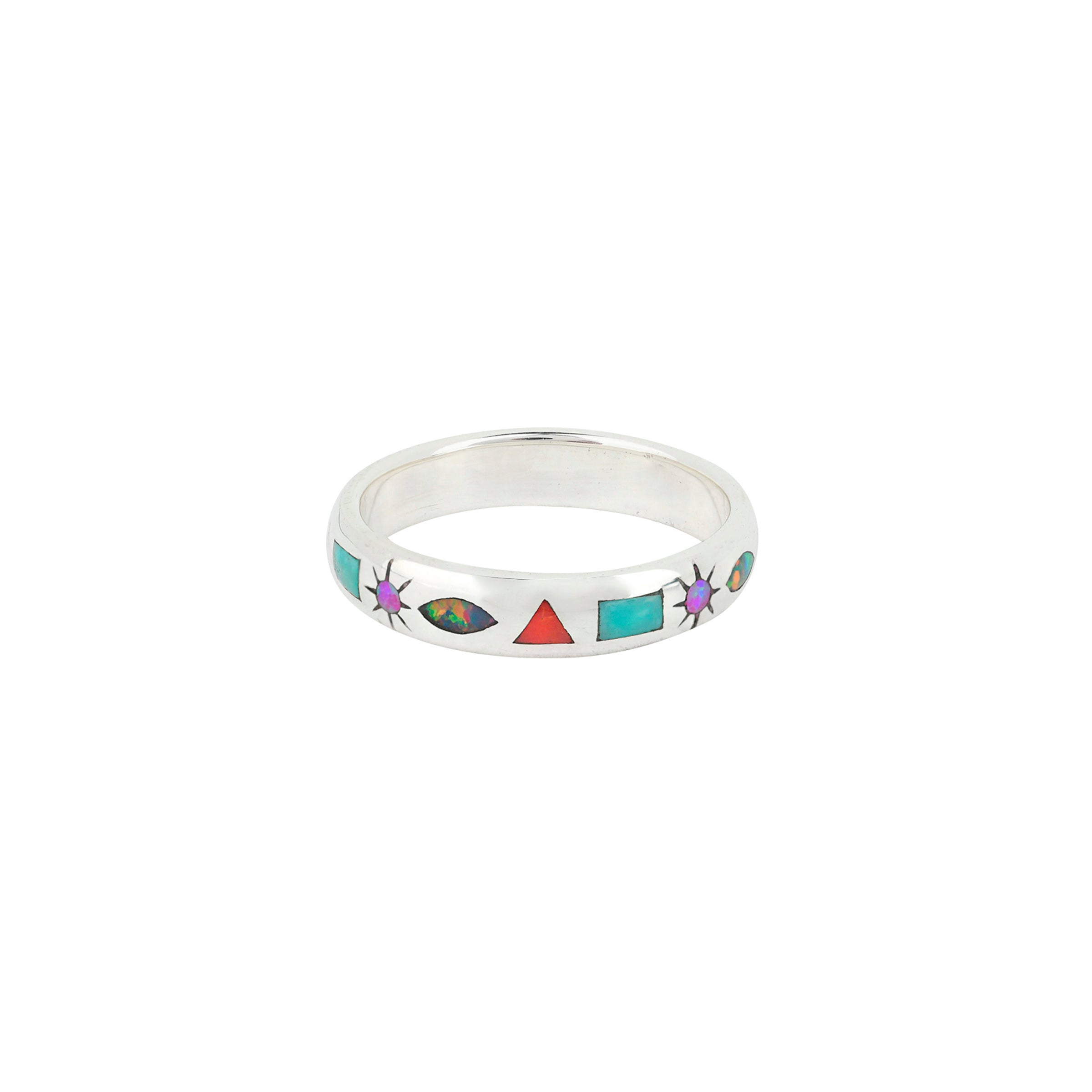 Sterling Silver ring with circle, oval, triangle and square mixed stone inlay pattern along band. 