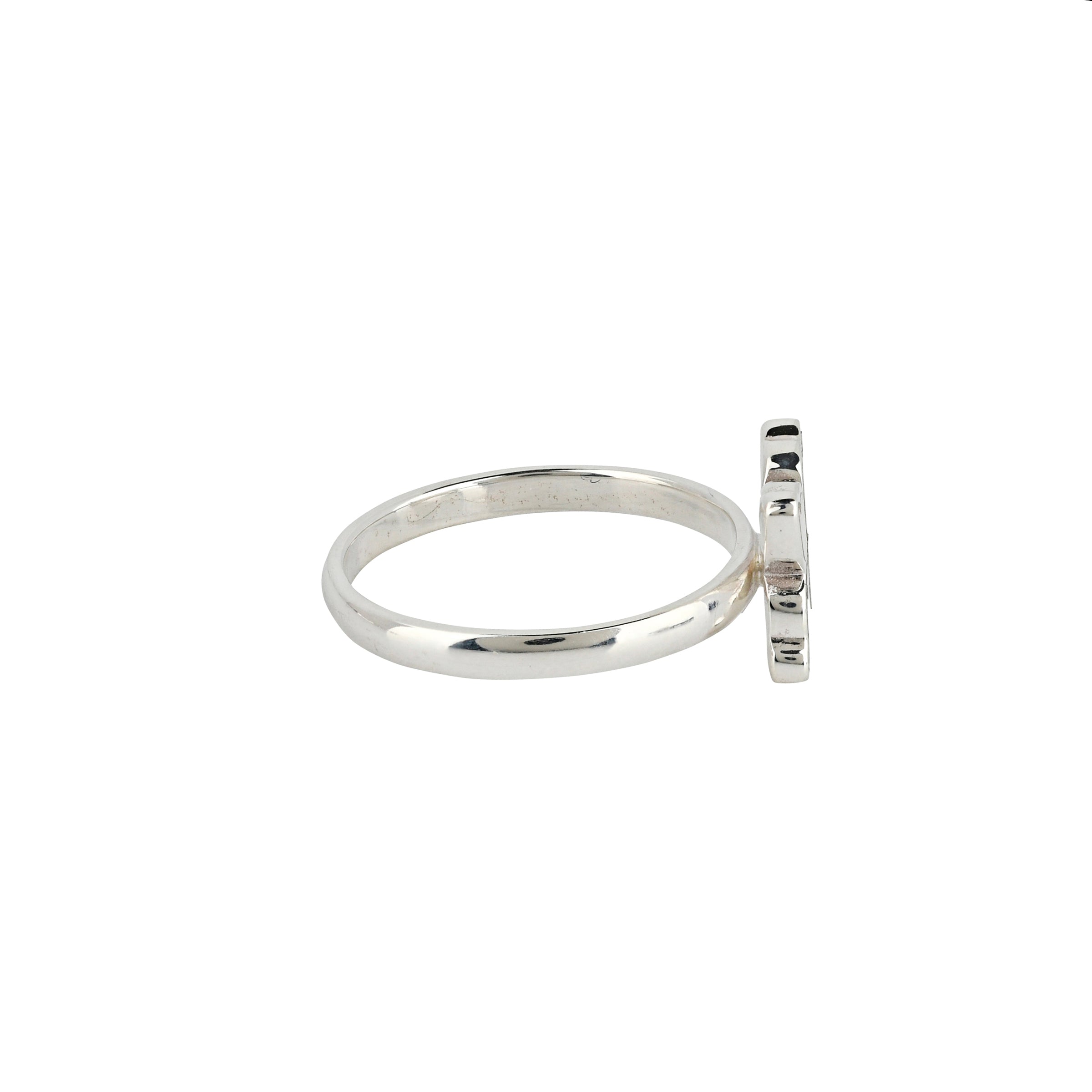 Sterling Silver and Mother of Pearl inlay ring in Butterfly design side view.  
