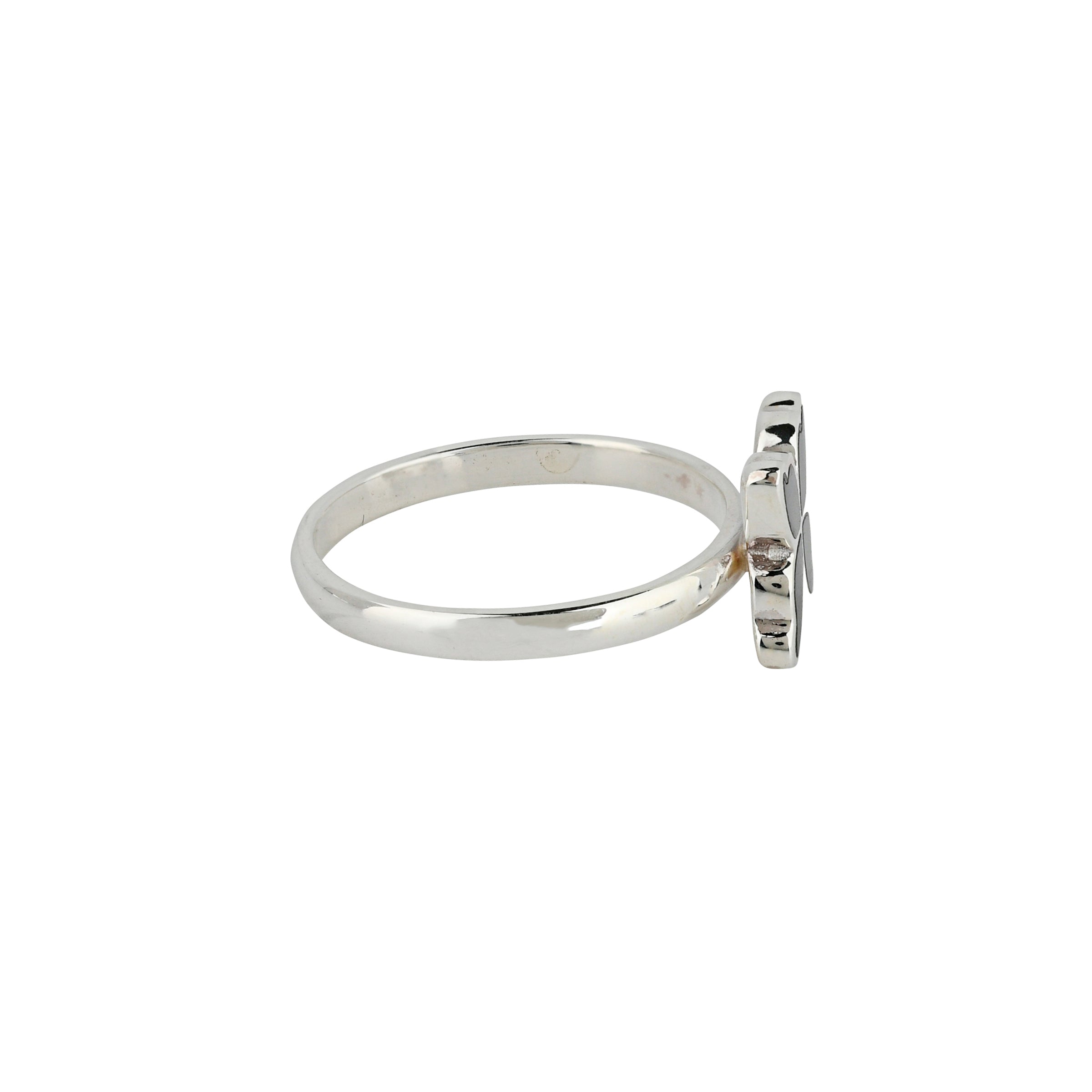 Sterling Silver and Onyx inlay ring in Butterfly design side view. 