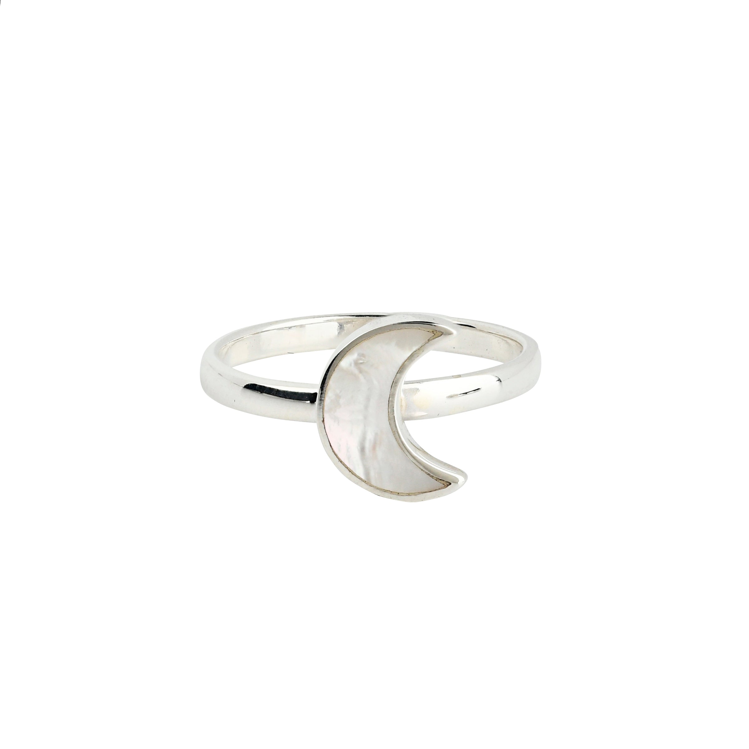 Sterling Silver band ring with crescent shaped moon design in Mother of Pearl stone.  