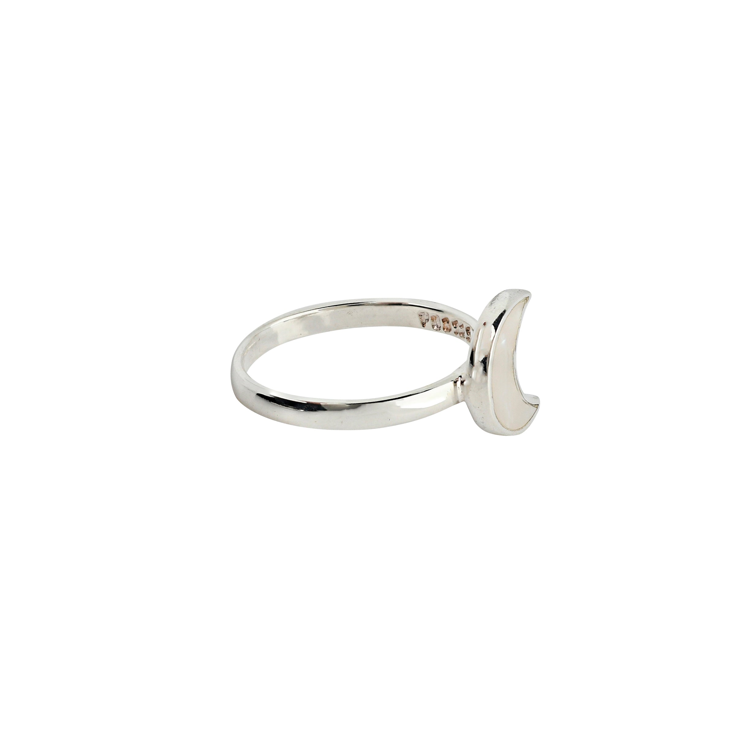 Sterling Silver band ring with crescent shaped moon design in Mother of Pearl stone side view. 