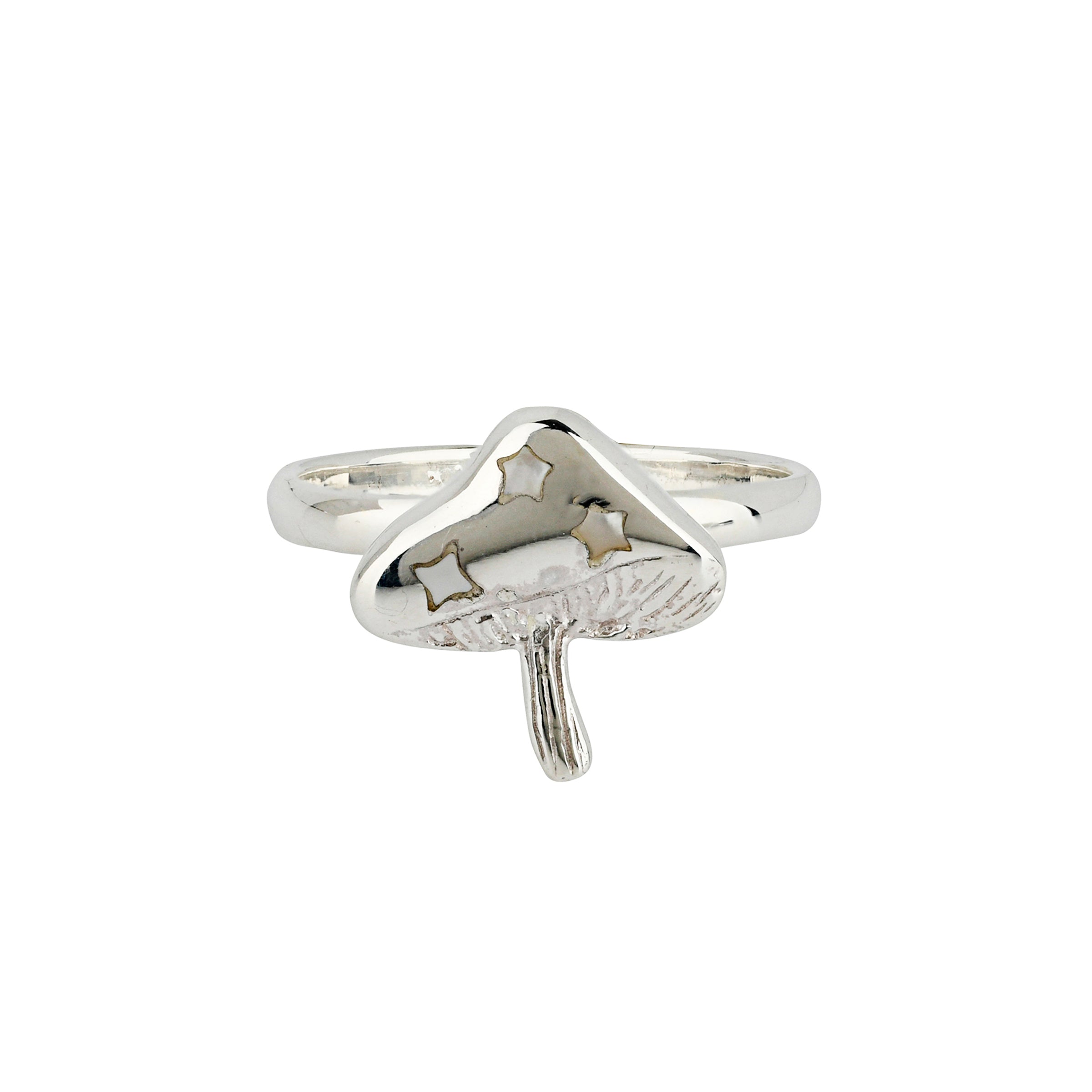 Sterling Silver ring with mushroom design and small circular Mother of Pearl stone inlay. 