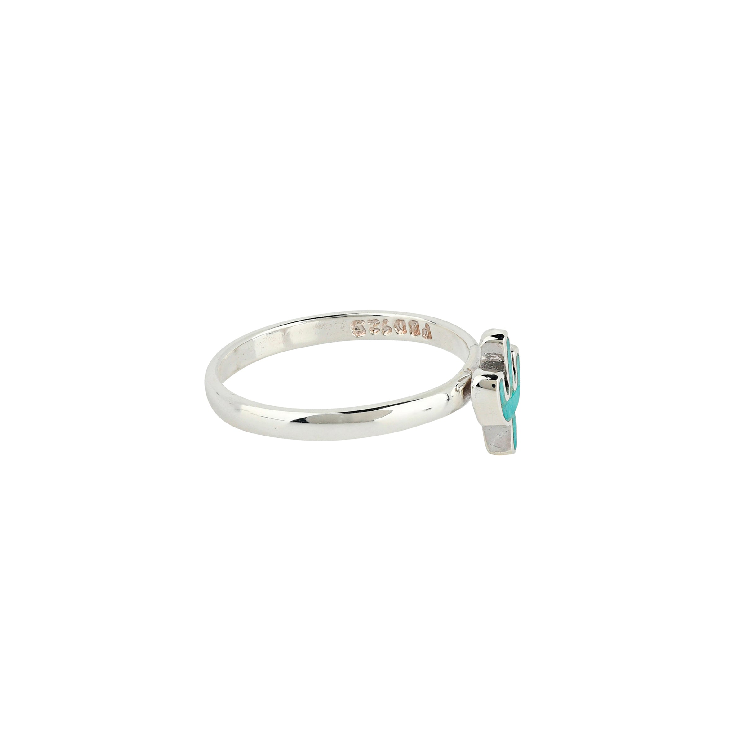 Sterling Silver ring with cactus design in Turquoise side view.