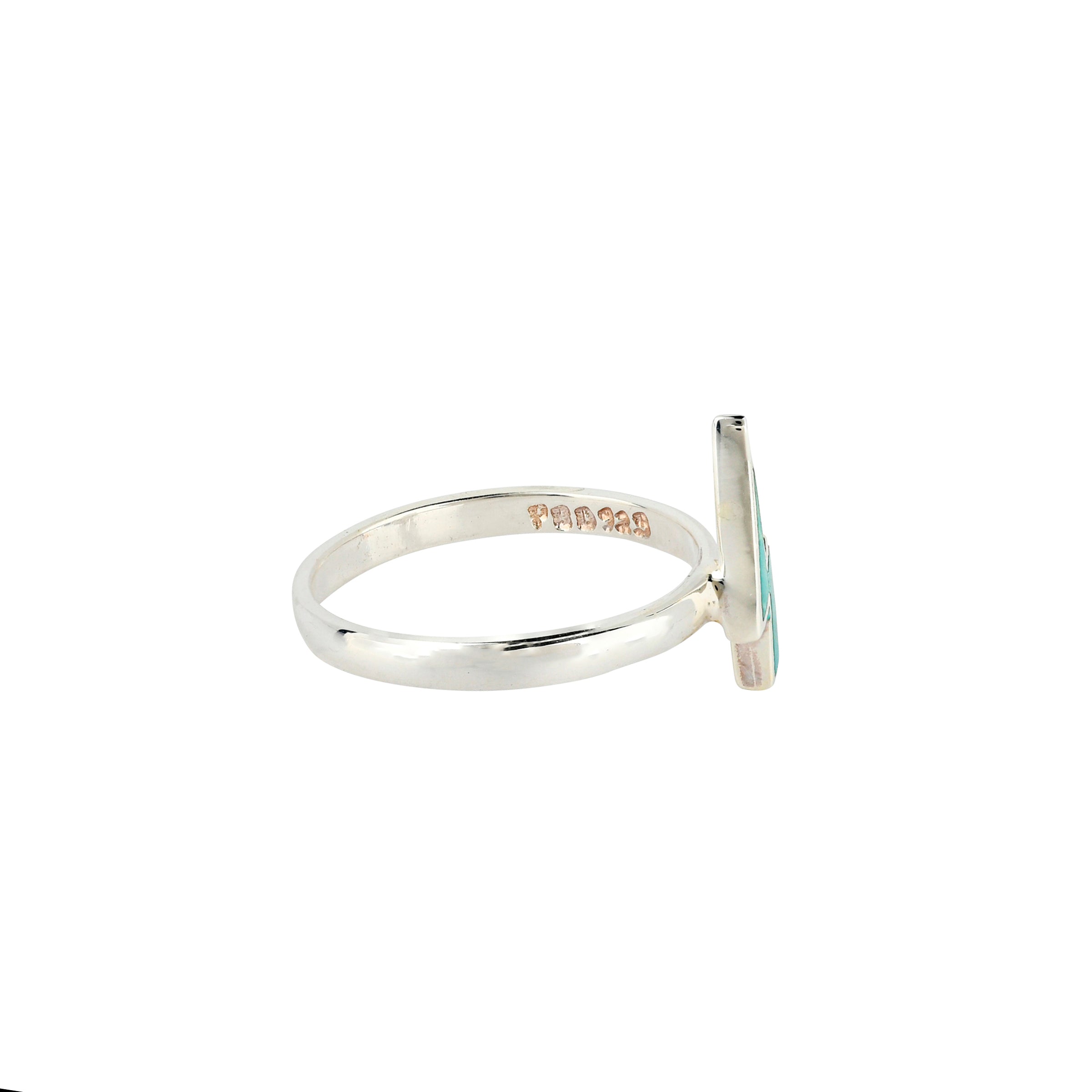 Sterling Silver ring with lightning bolt design in Turquoise stone side view. 