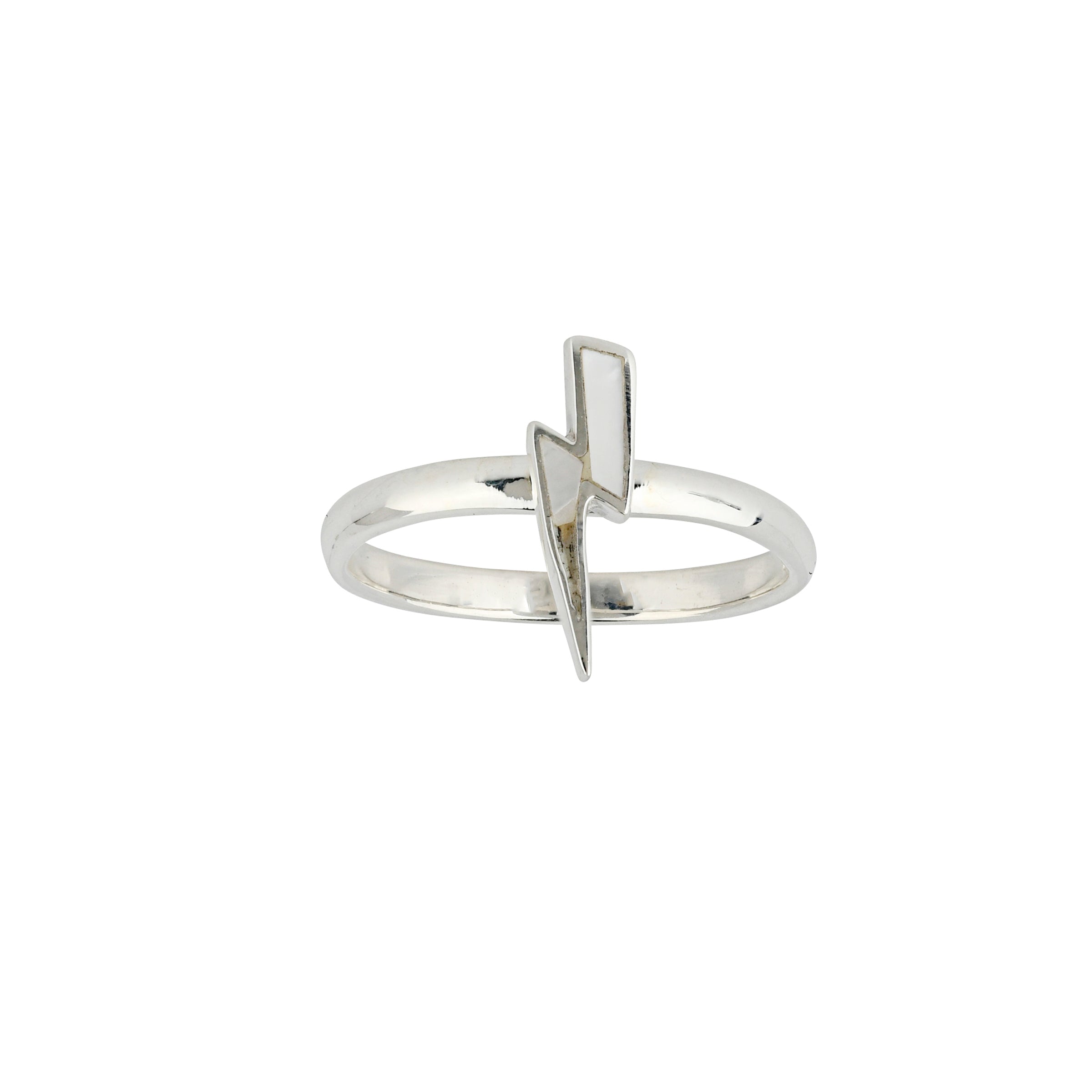 Sterling Silver ring with lightning bolt design in Mother of Pearl stone. 