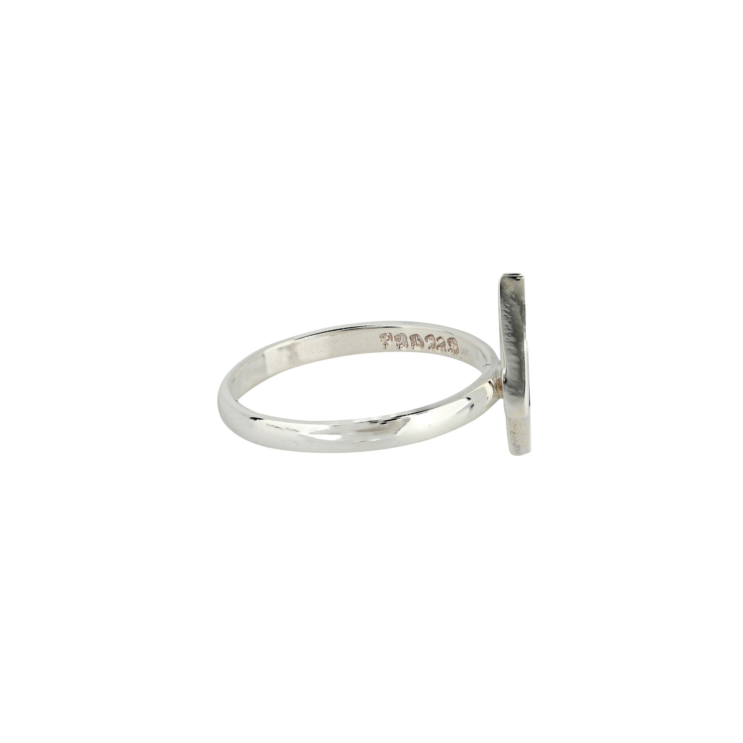 Sterling Silver ring with lightning bolt design in Mother of Pearl stone side view. 