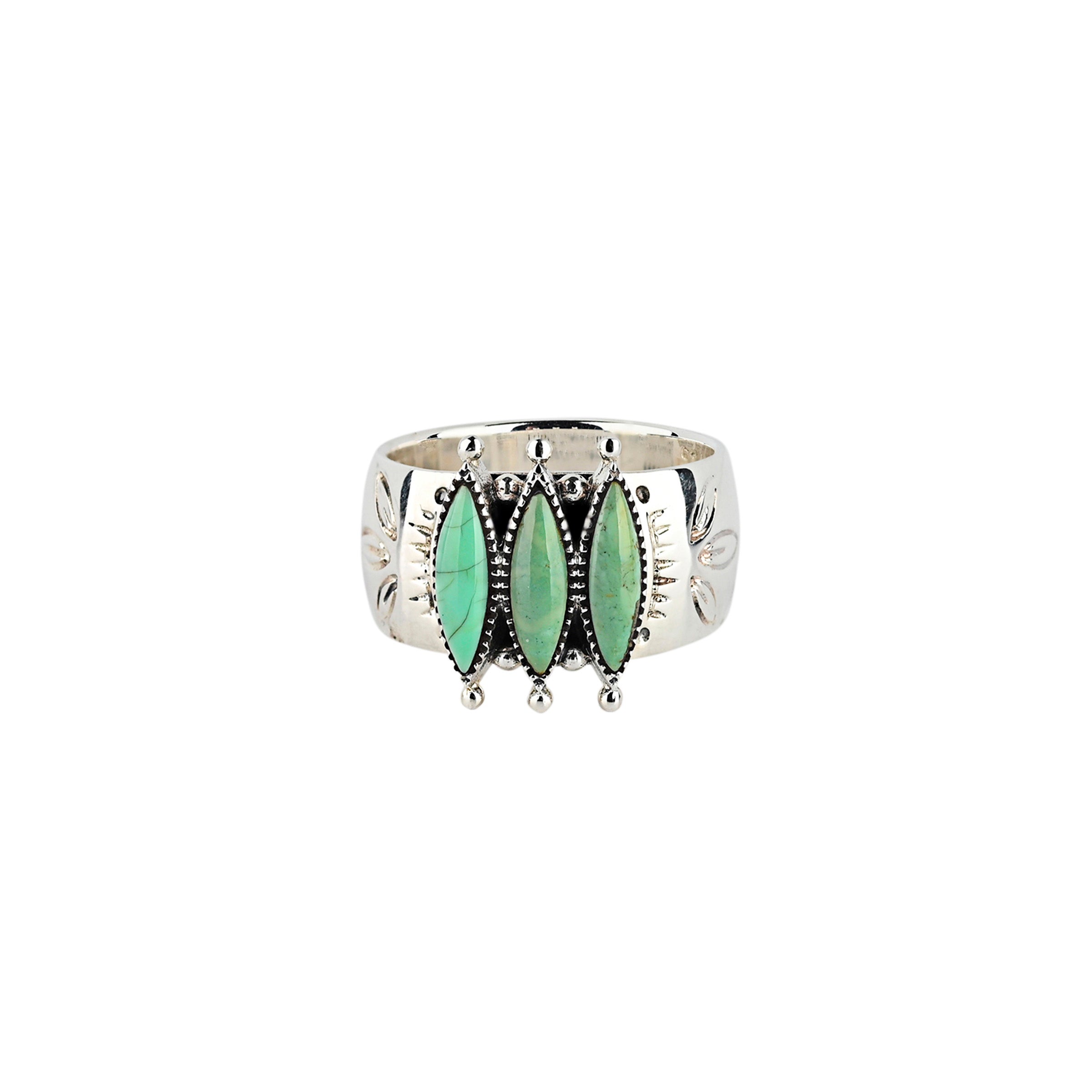 Thick Silver shank ring with etching detailing around 3 long teardrop green turquoise stones