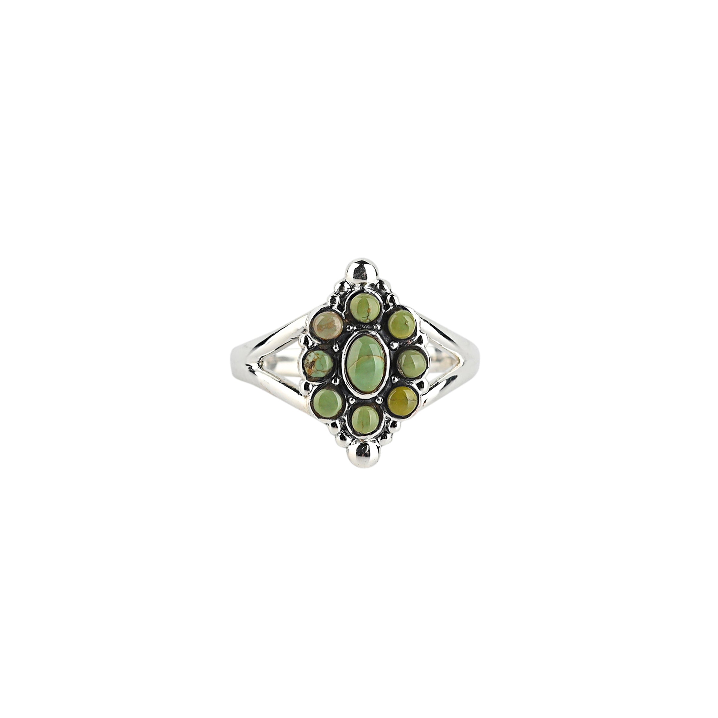 Flower ring with green turquoise stone inlay center stone with 8 circular stones surounding in a sterling silver band with silver detailing aorund stones