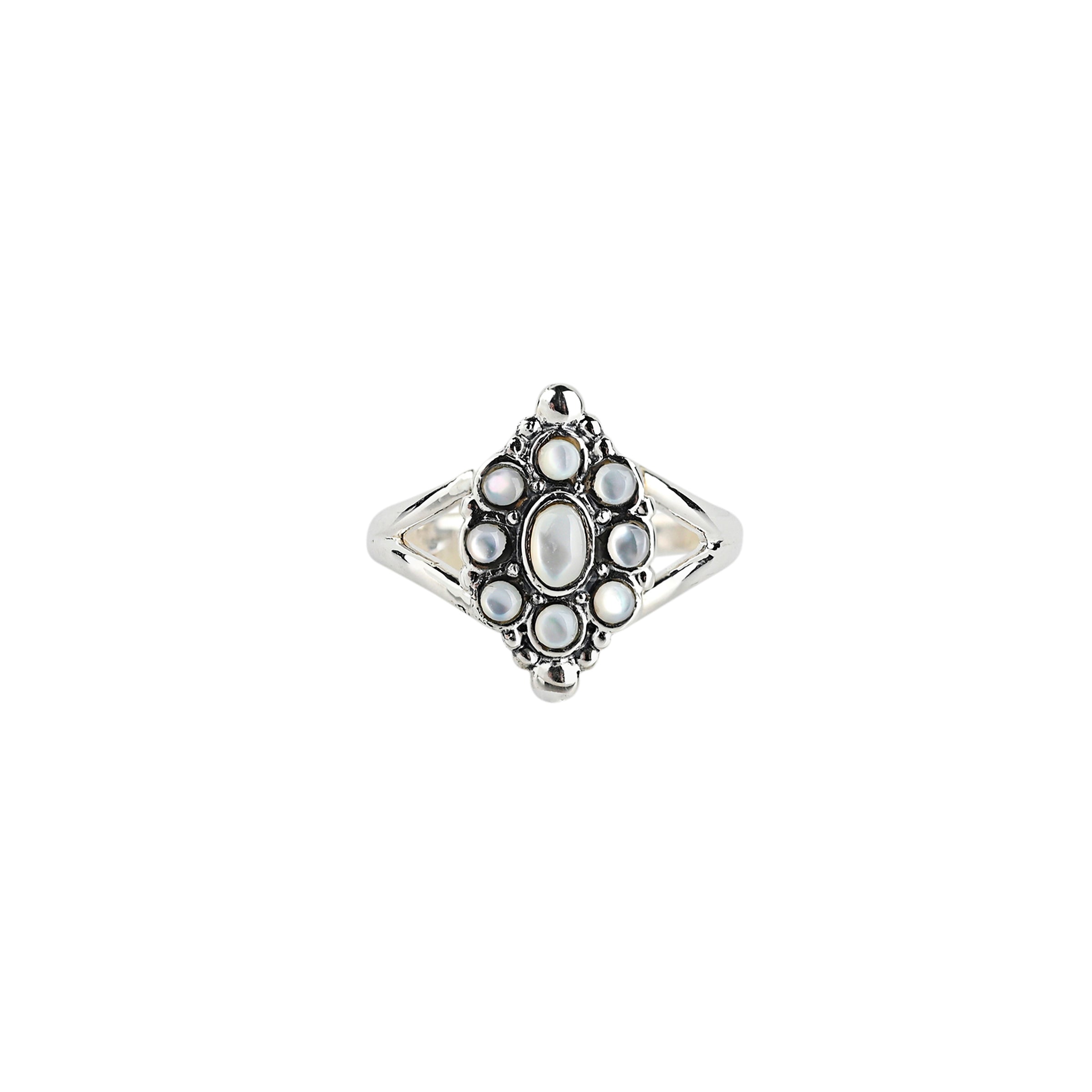 Flower ring with mother of pearl stone inlay center stone with 8 circular stones surounding in a sterling silver band with silver detailing aorund stones
