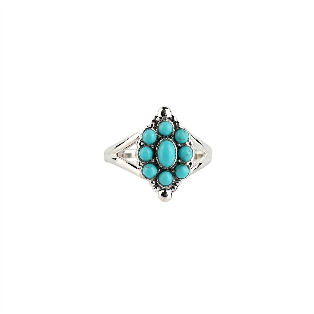 Flower ring with turquoise stone inlay center stone with 8 circular stones surounding in a sterling silver band with silver detailing aorund stones