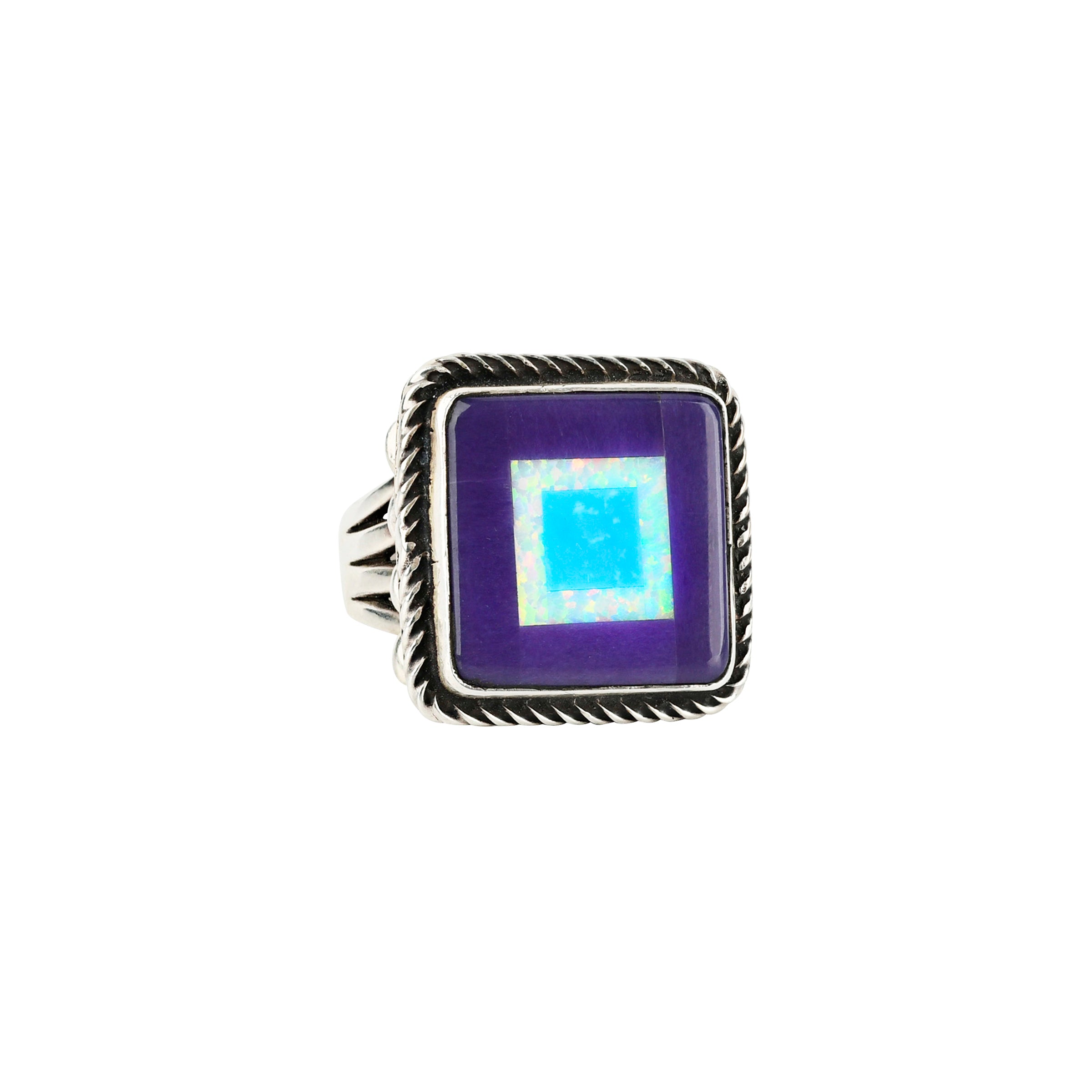 Sterlign silver square ring with rope detailing around blue, irradescent opal, and turquoise square inlay detail. 