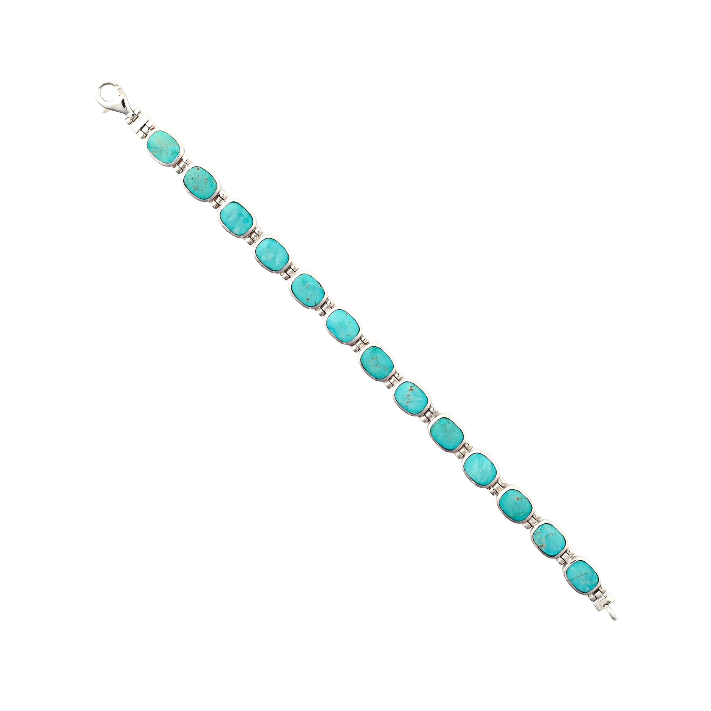 The Santa Fe link bracelet from the Bird and Arrow collection features sterling silver and beautiful onyx stones on one side and blue turquoise on the other side.